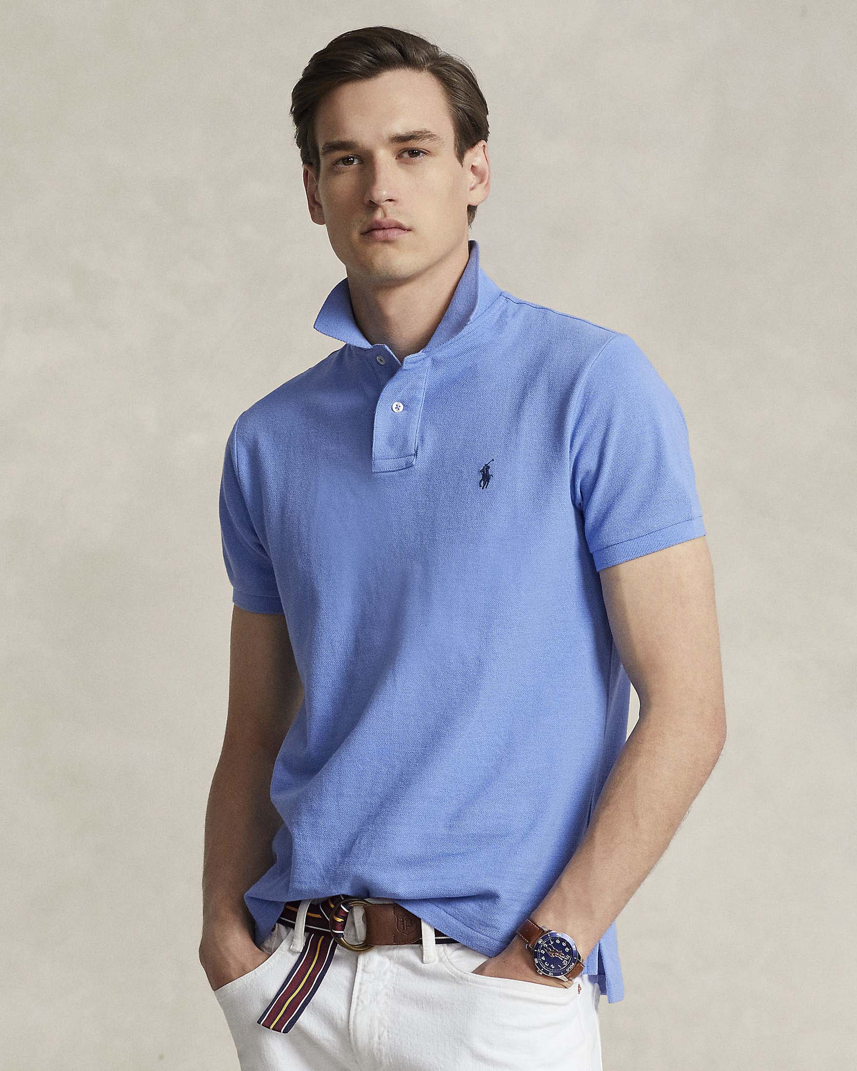 Polo celeste custom slim-fit mezza manica in piquè di puro cotone image