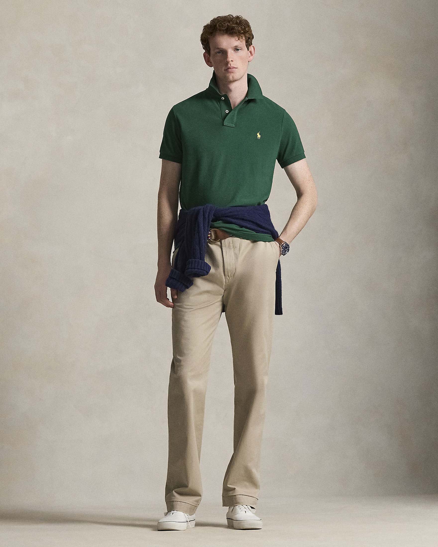 Polo verde custom slim-fit mezza manica in piquè di puro cotone