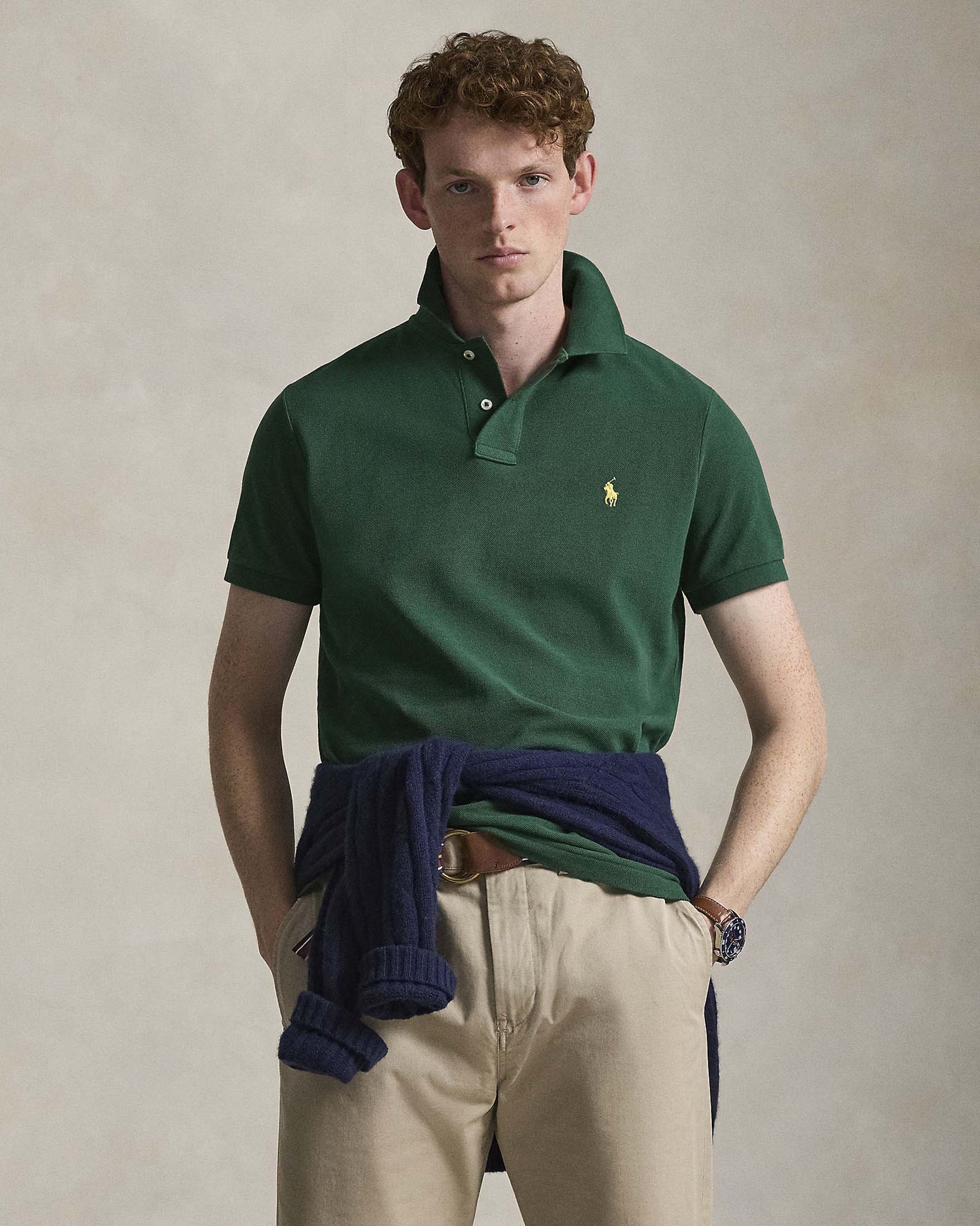 Polo verde custom slim-fit mezza manica in piquè di puro cotone image