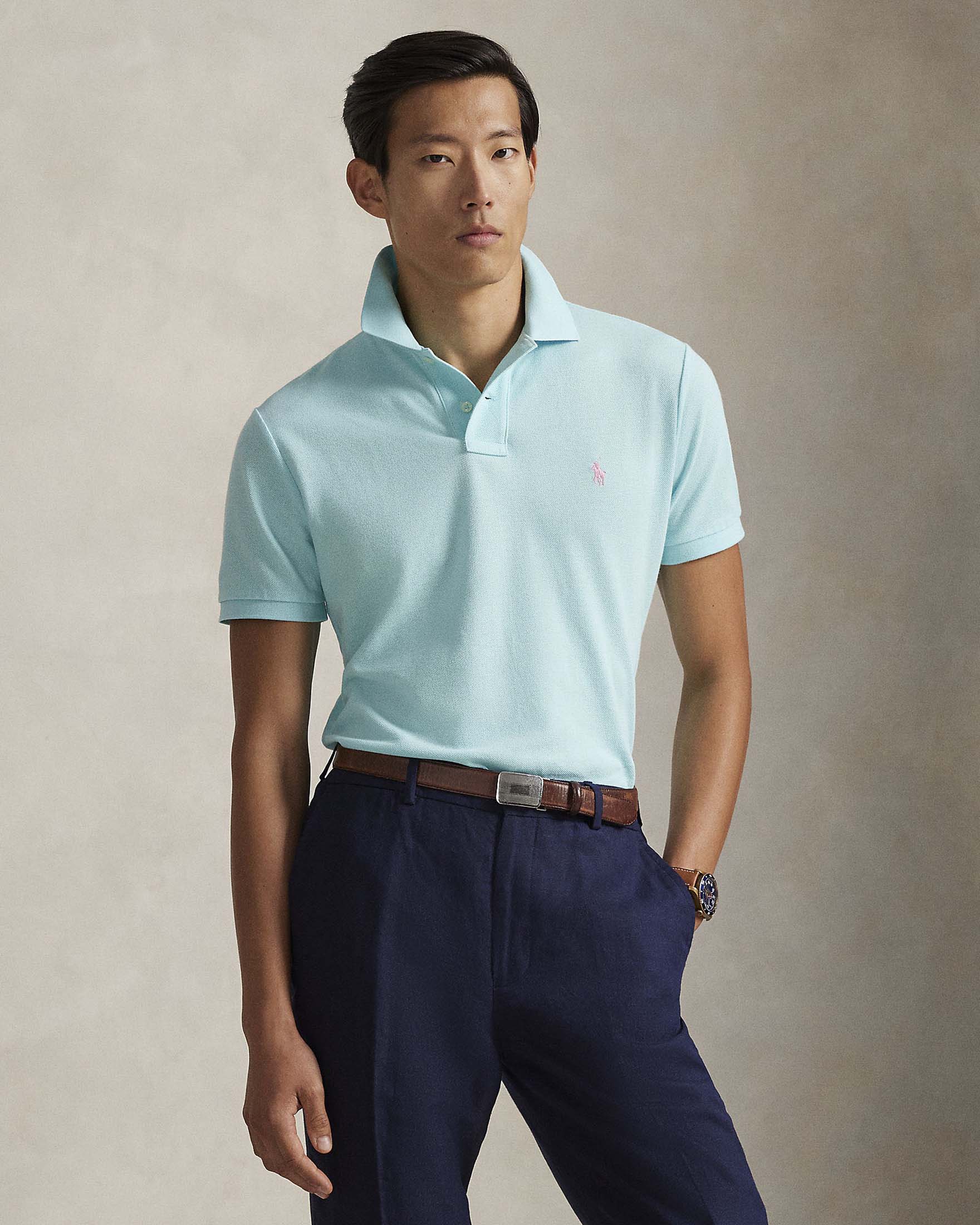 Polo acqua custom slim-fit mezza manica in piquè di puro cotone image