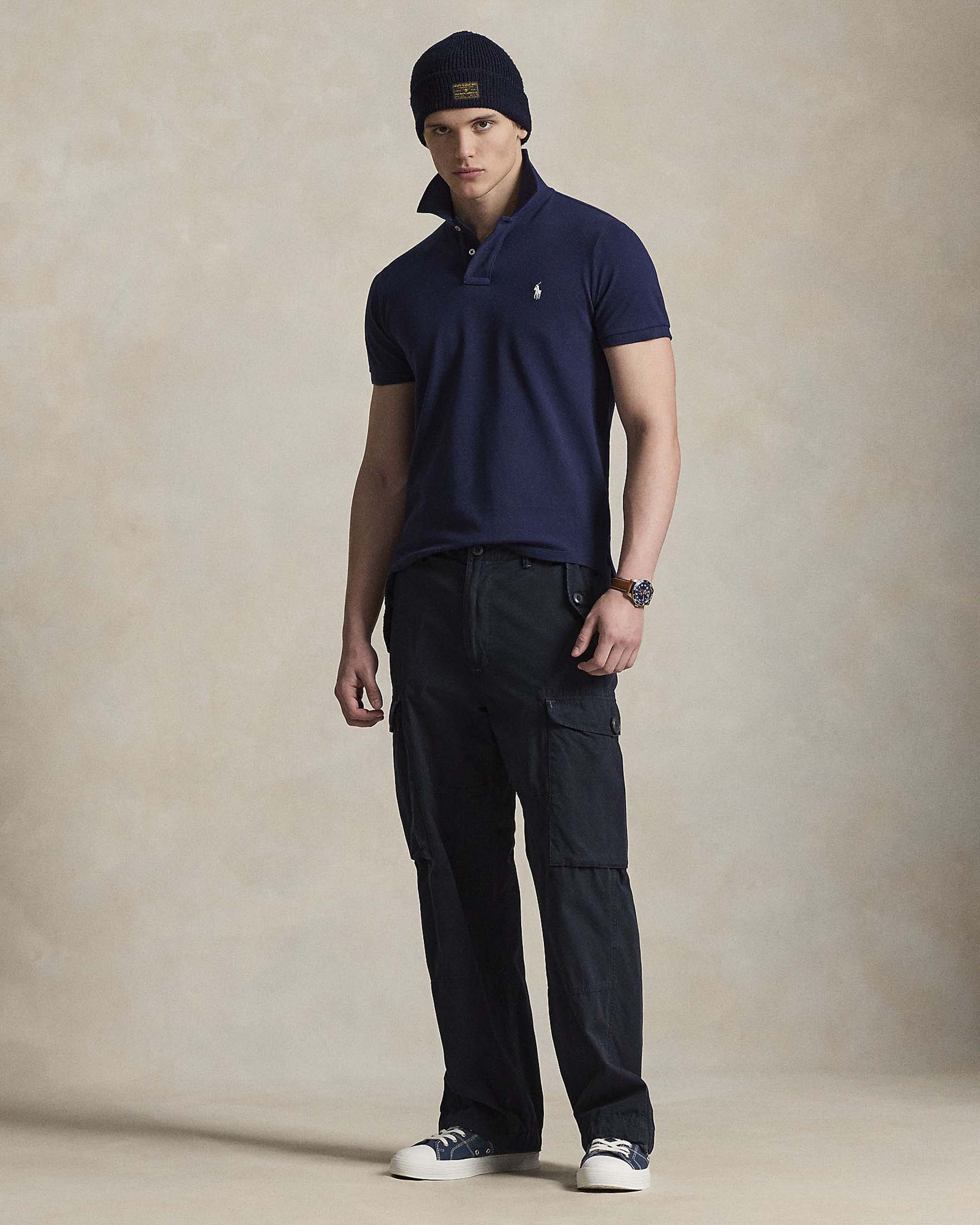 Polo blu custom slim-fit mezza manica in piquè di puro cotone