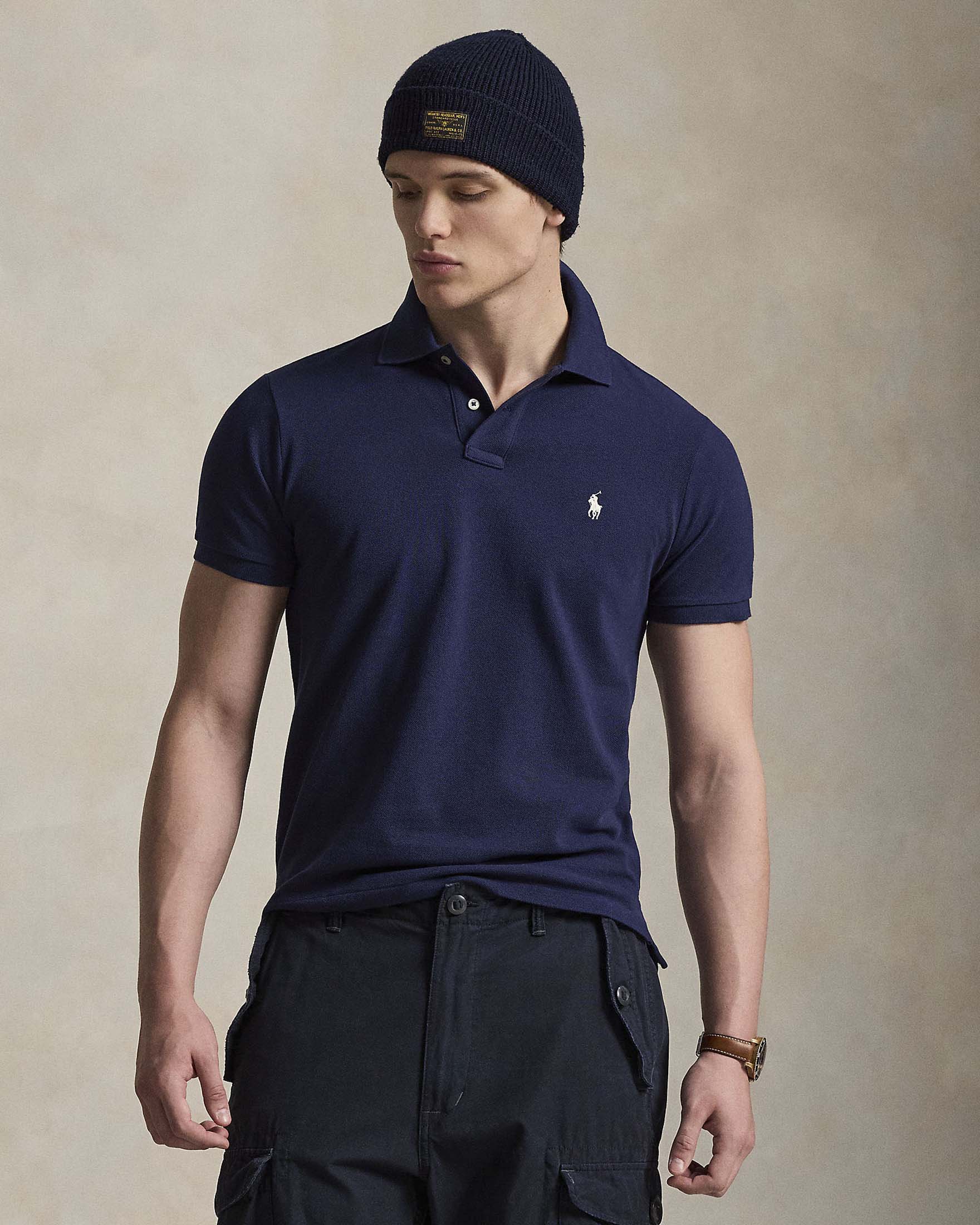 Polo blu custom slim-fit mezza manica in piquè di puro cotone image