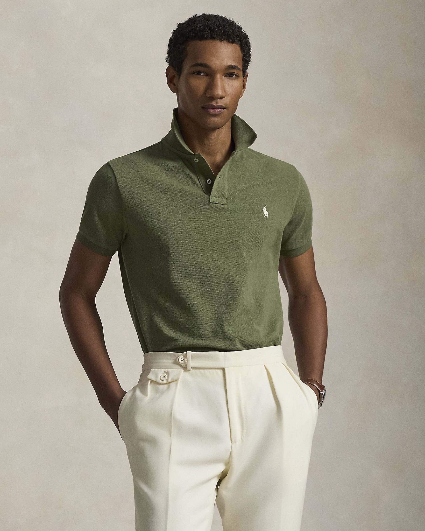 Polo verde militare custom slim-fit mezza manica in piquè di puro cotone image