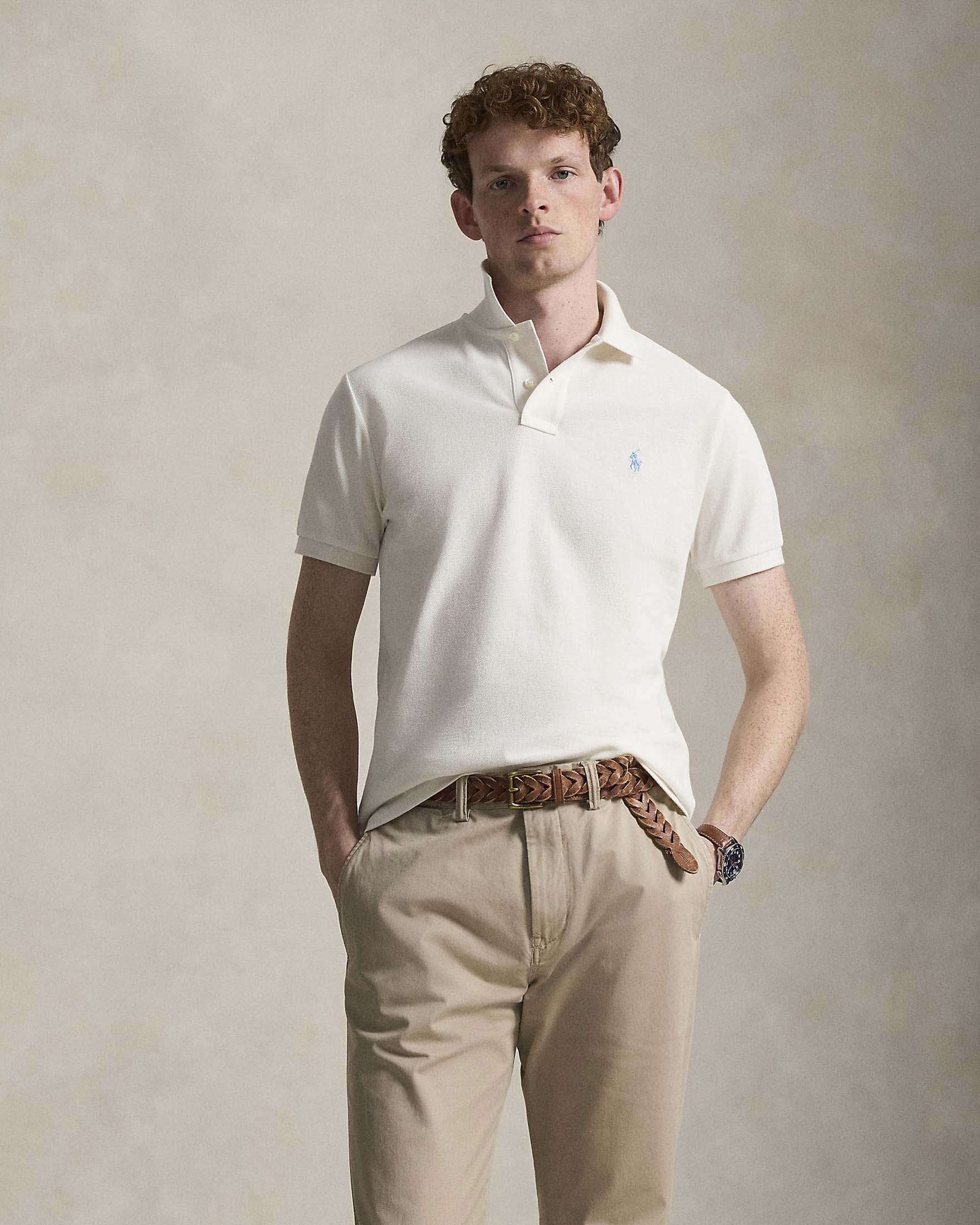 Polo panna custom slim-fit mezza manica in piquè di puro cotone image