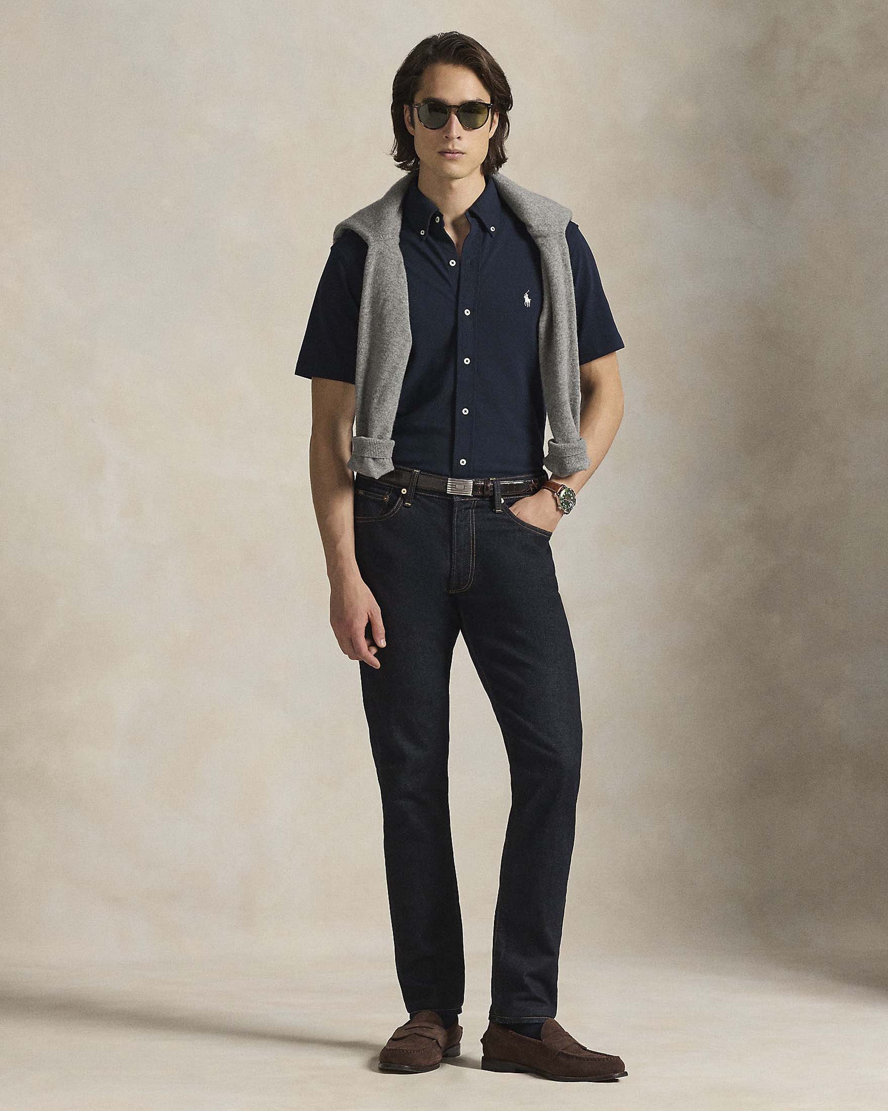 Camicia mezza manica blu Polo Ralph Lauren in piquè di cotone con colletto button down