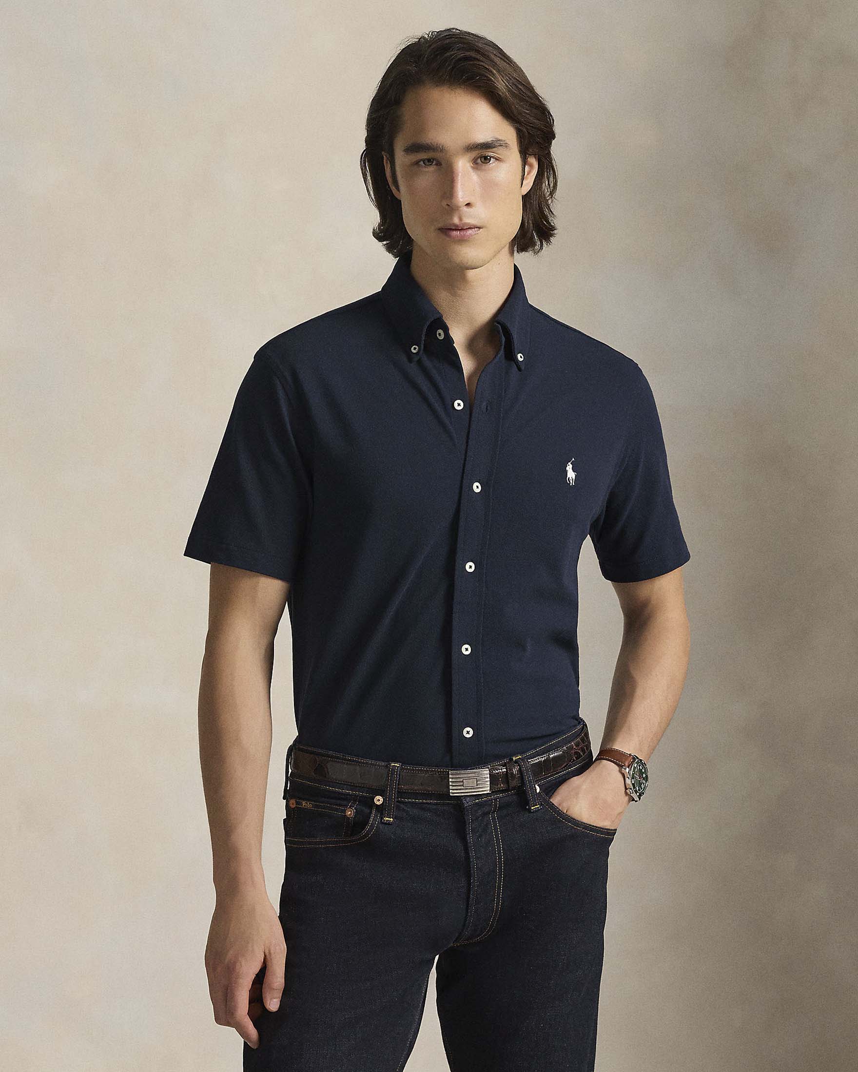 Camicia mezza manica blu Polo Ralph Lauren in piquè di cotone con colletto button down image