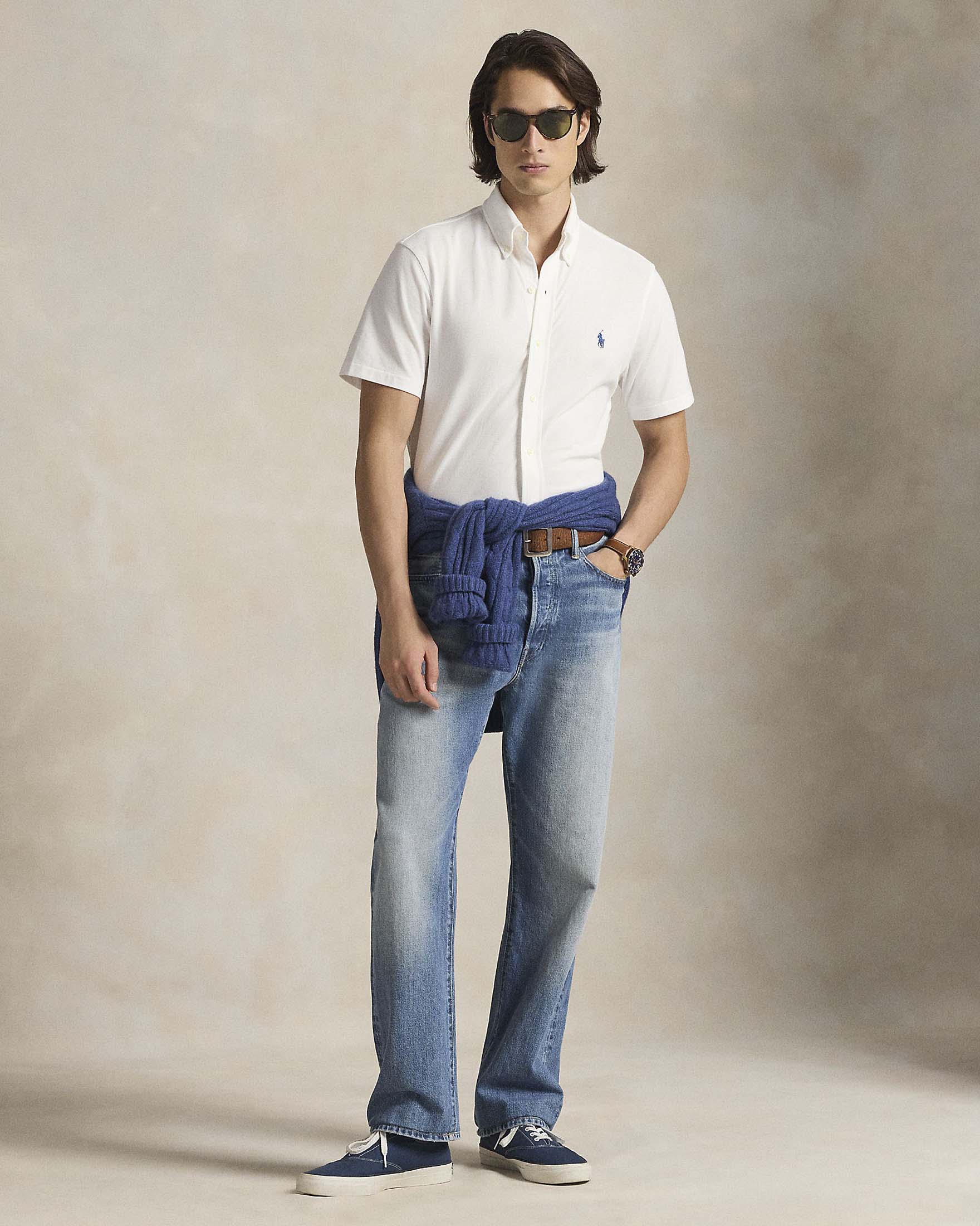 Camicia mezza manica bianca Polo Ralph Lauren in piquè di cotone con colletto button down