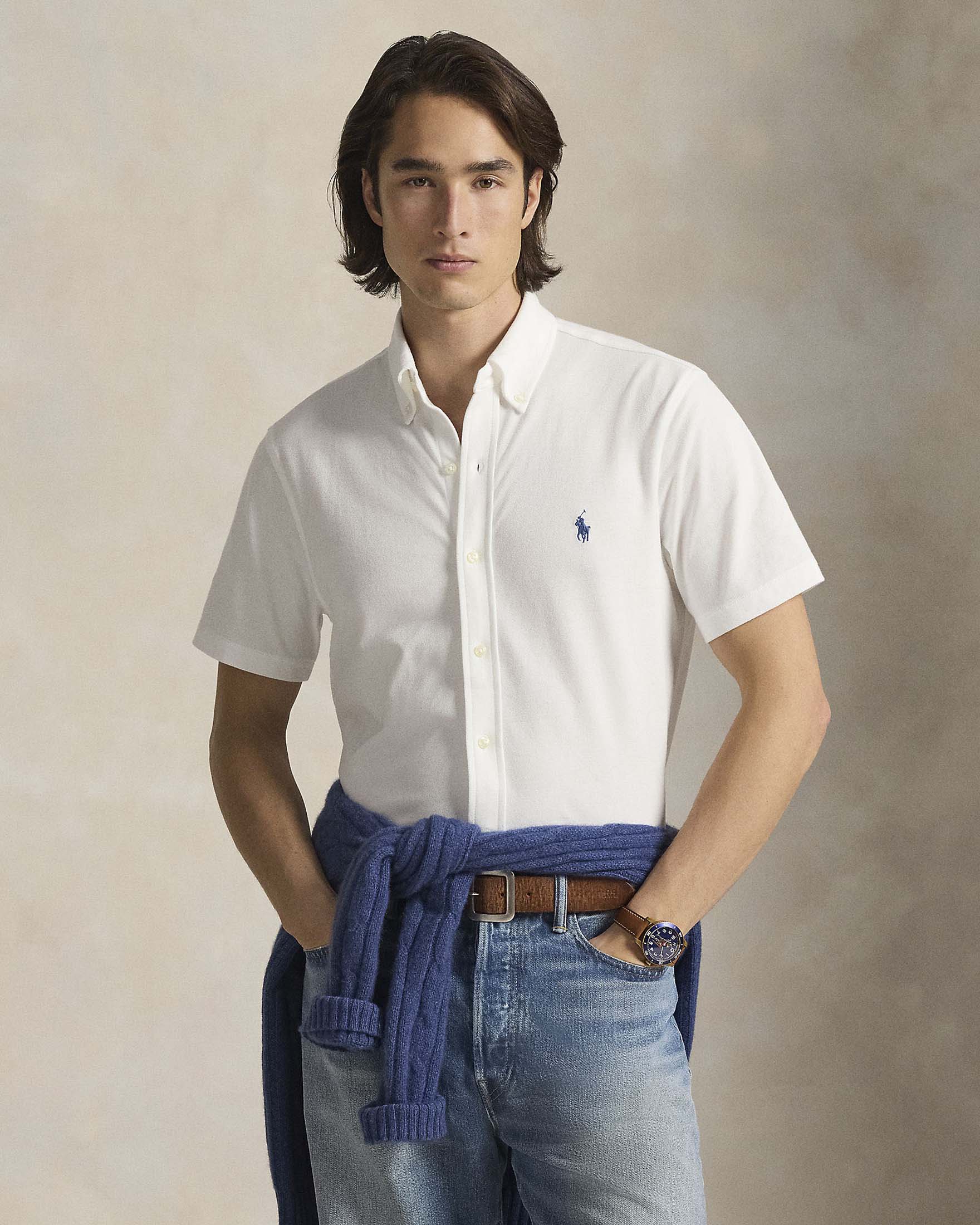 Camicia mezza manica bianca Polo Ralph Lauren in piquè di cotone con colletto button down image