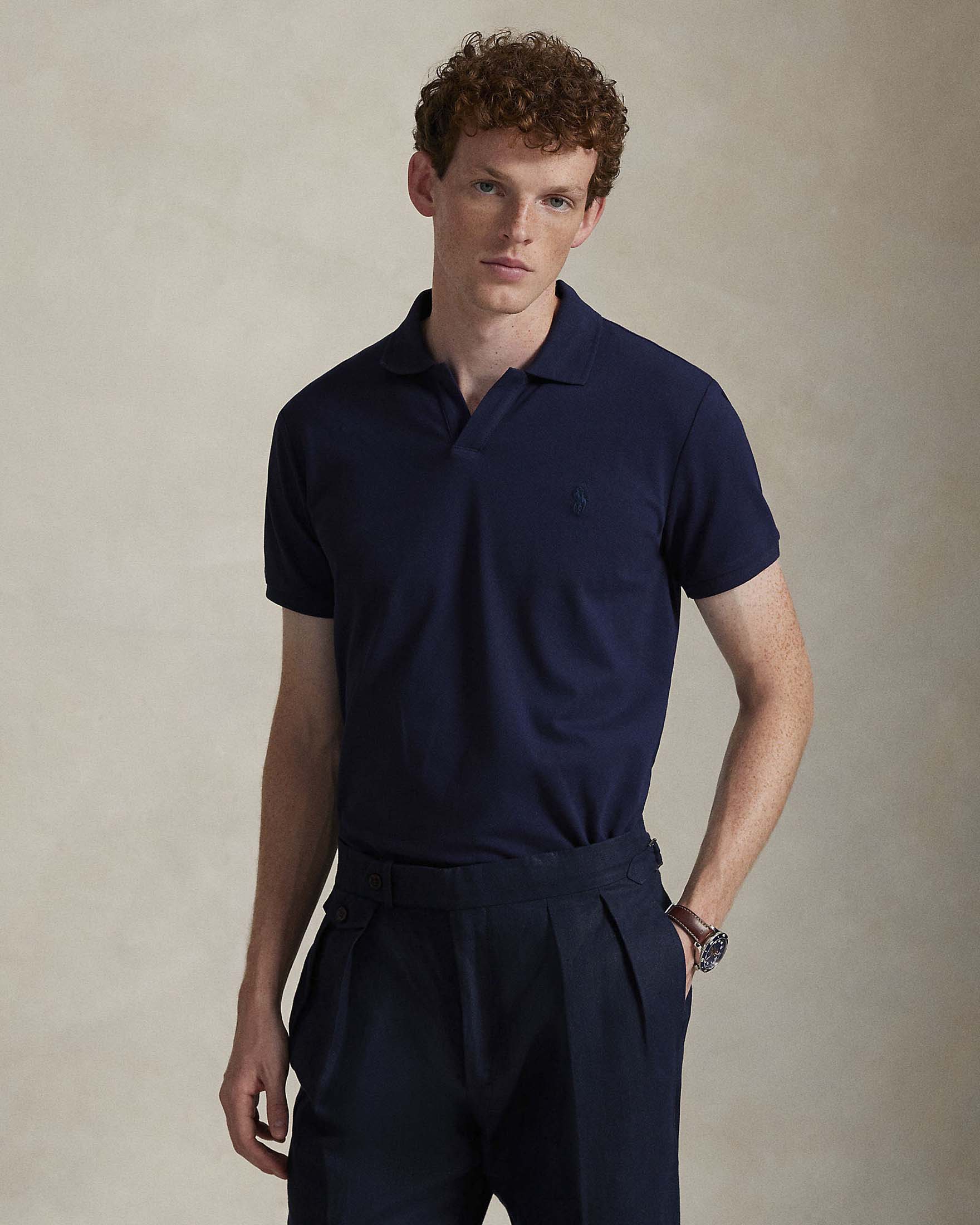 Polo bowling blu mezza manica Polo Ralph Lauren in piquè di cotone stretch custom-slim fit image