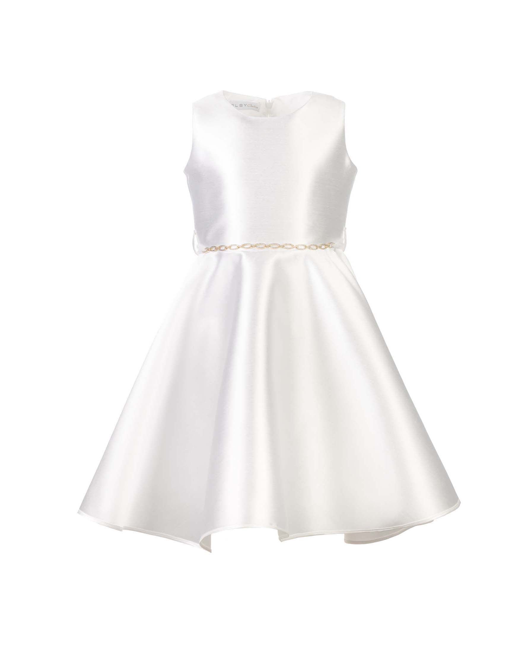 Abito fit and flare avorio con gonna a faldoni e cintura a catena dorata