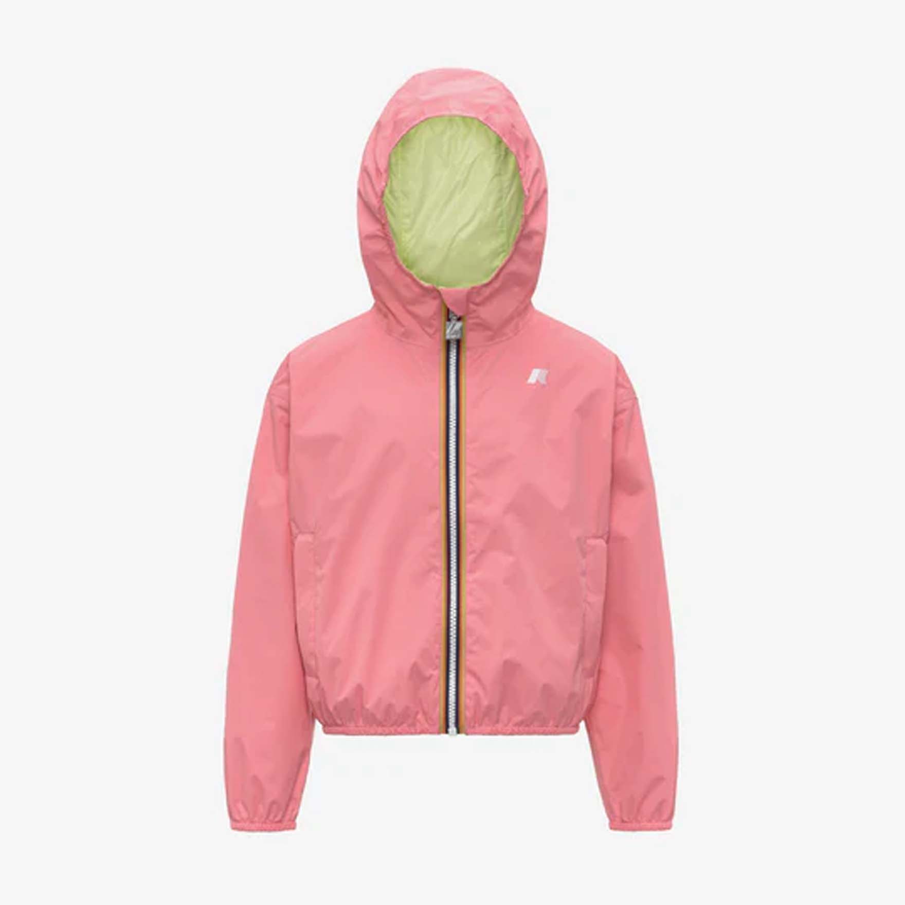 Giubbino K-way in nylon rosa reversibile in lime con cappuccio fisso