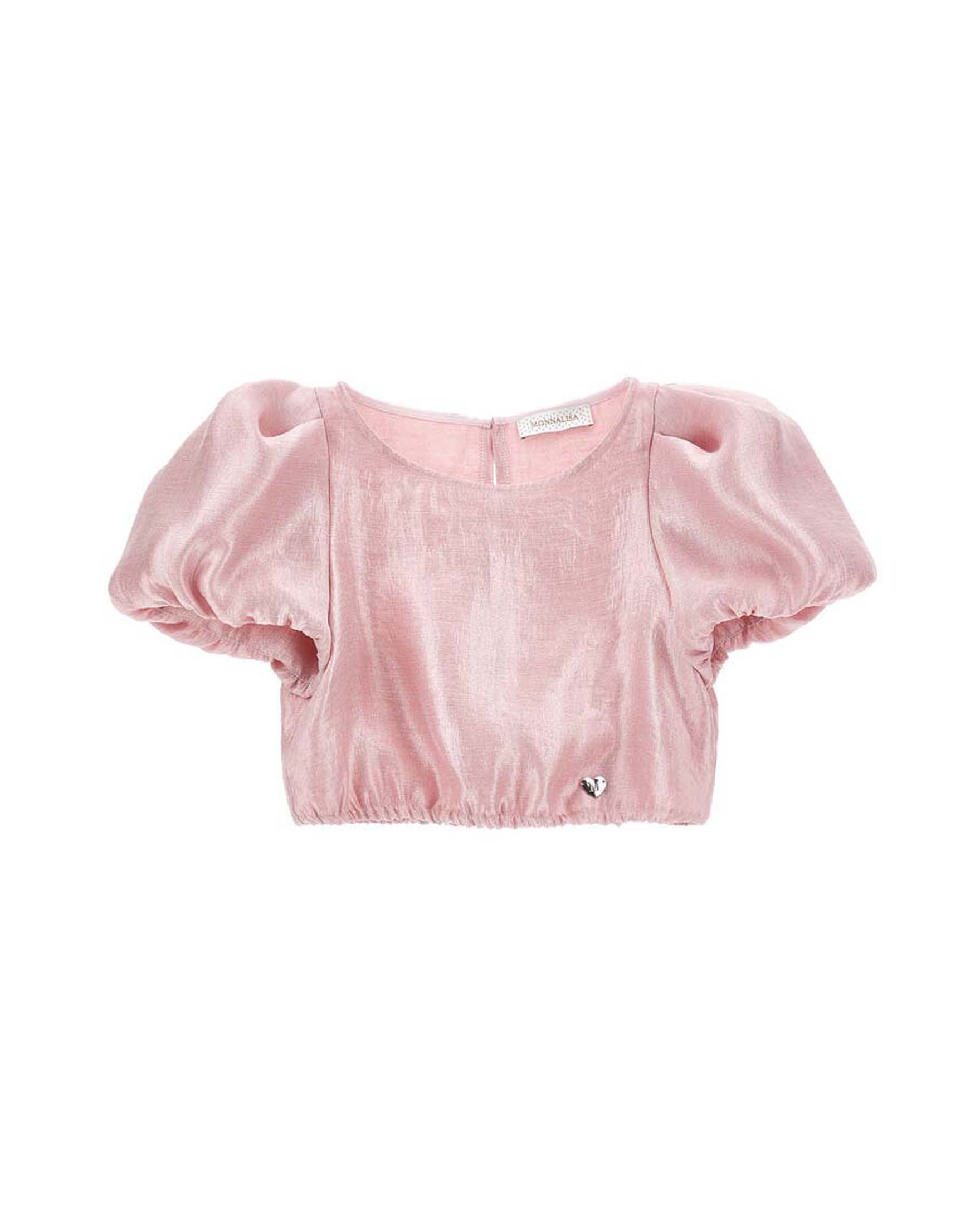 Camicia cropped rosa in raso a maniche corte