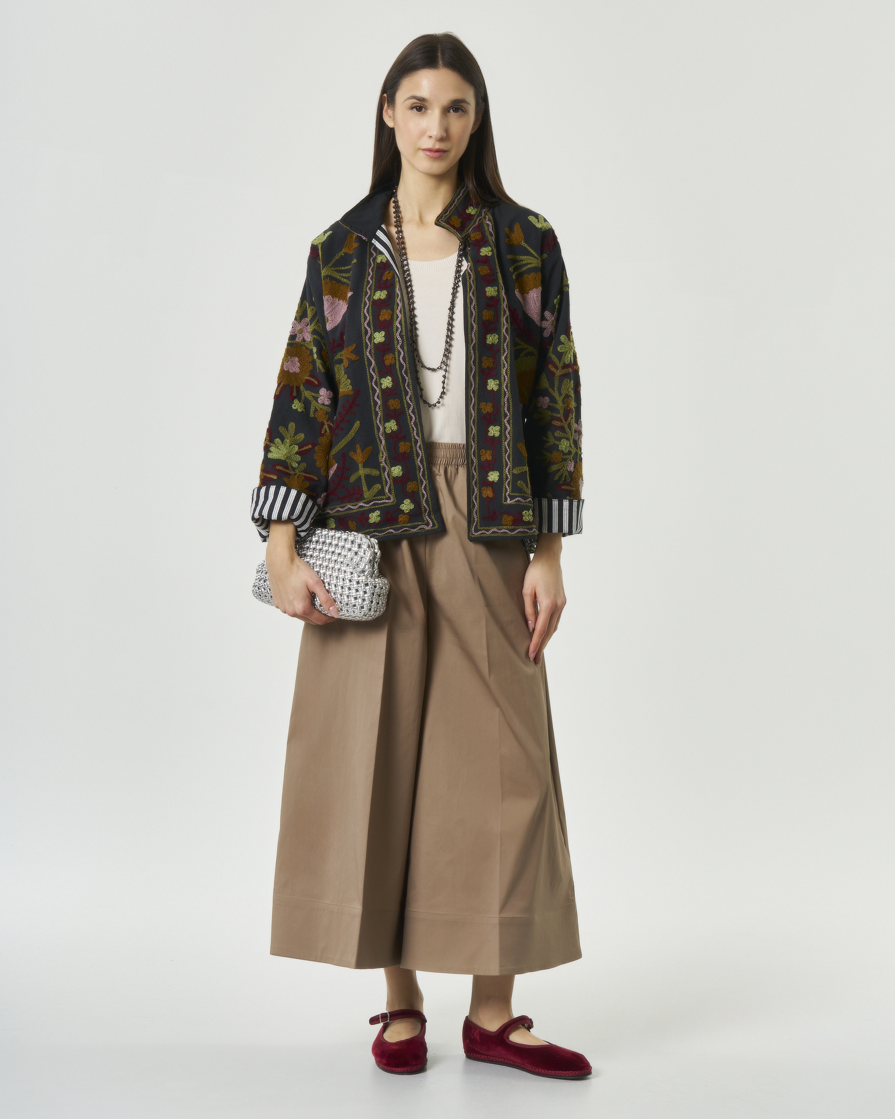 Pantaloni ampi cropped Rodi Bonheur color cammello a vita alta con elastico e piega stirata