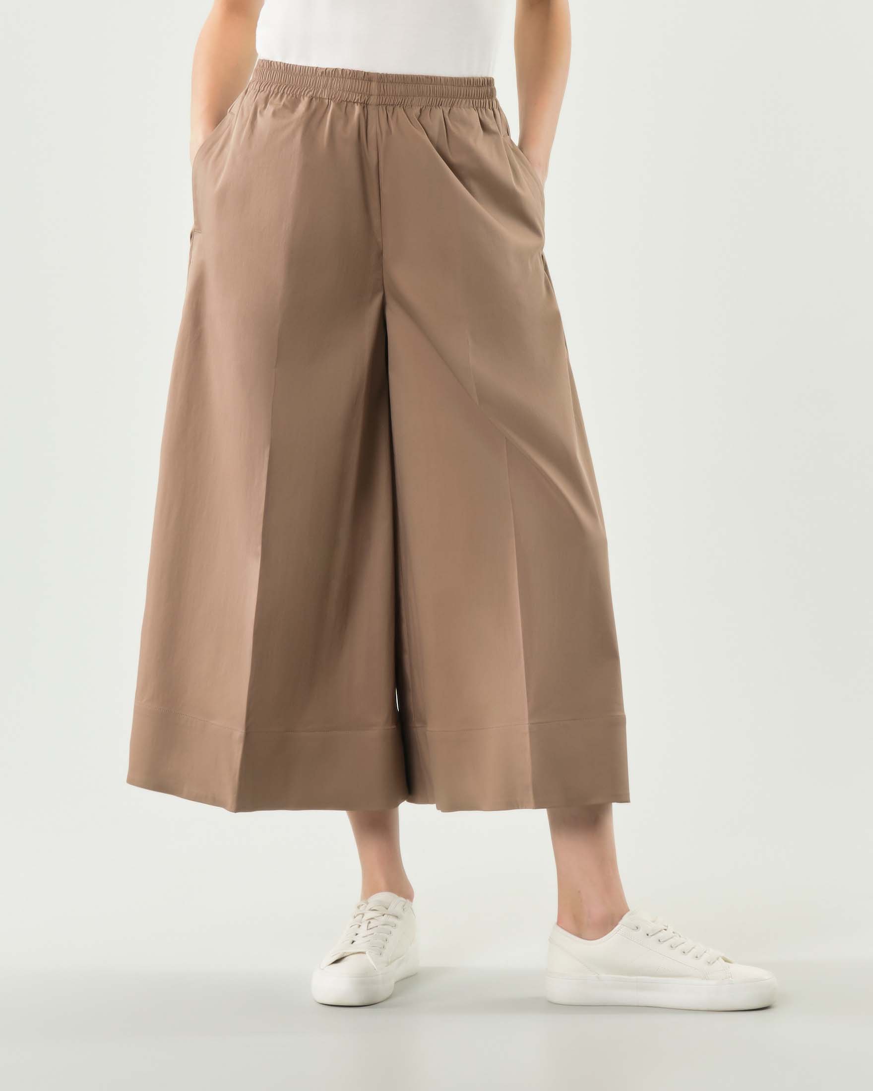 Pantaloni ampi cropped Rodi Bonheur color cammello a vita alta con elastico e piega stirata image