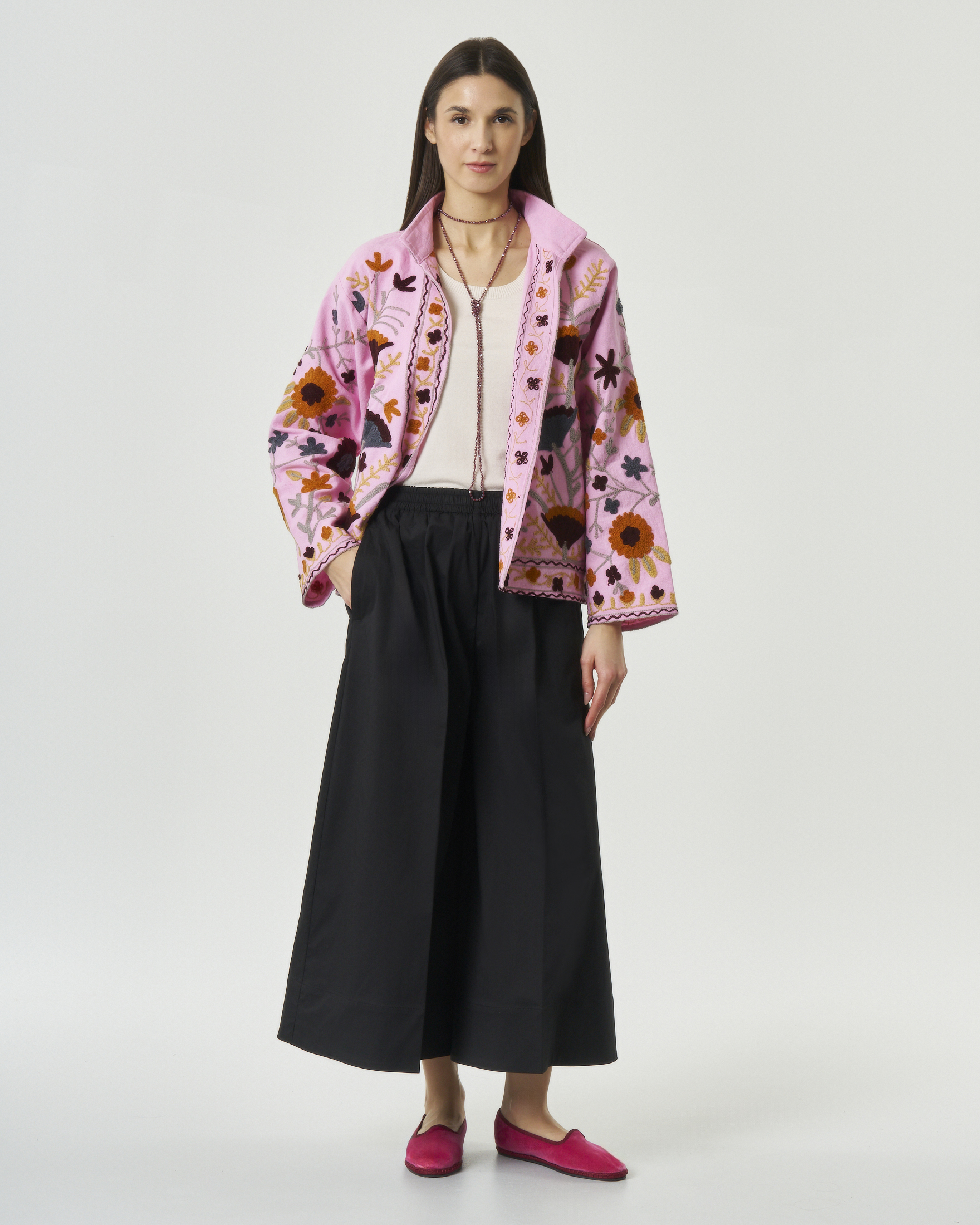 Pantaloni ampi cropped Rodi Bonheur neri a vita alta con elastico e piega stirata