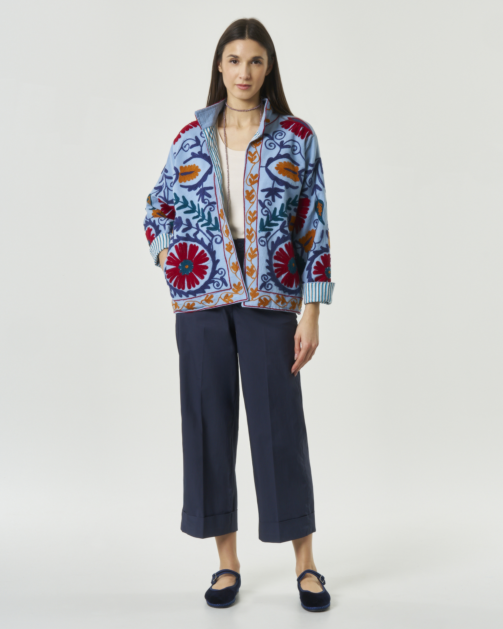 Pantaloni gamba dritta Dalì Bonheur blu a vita alta con risvoltino