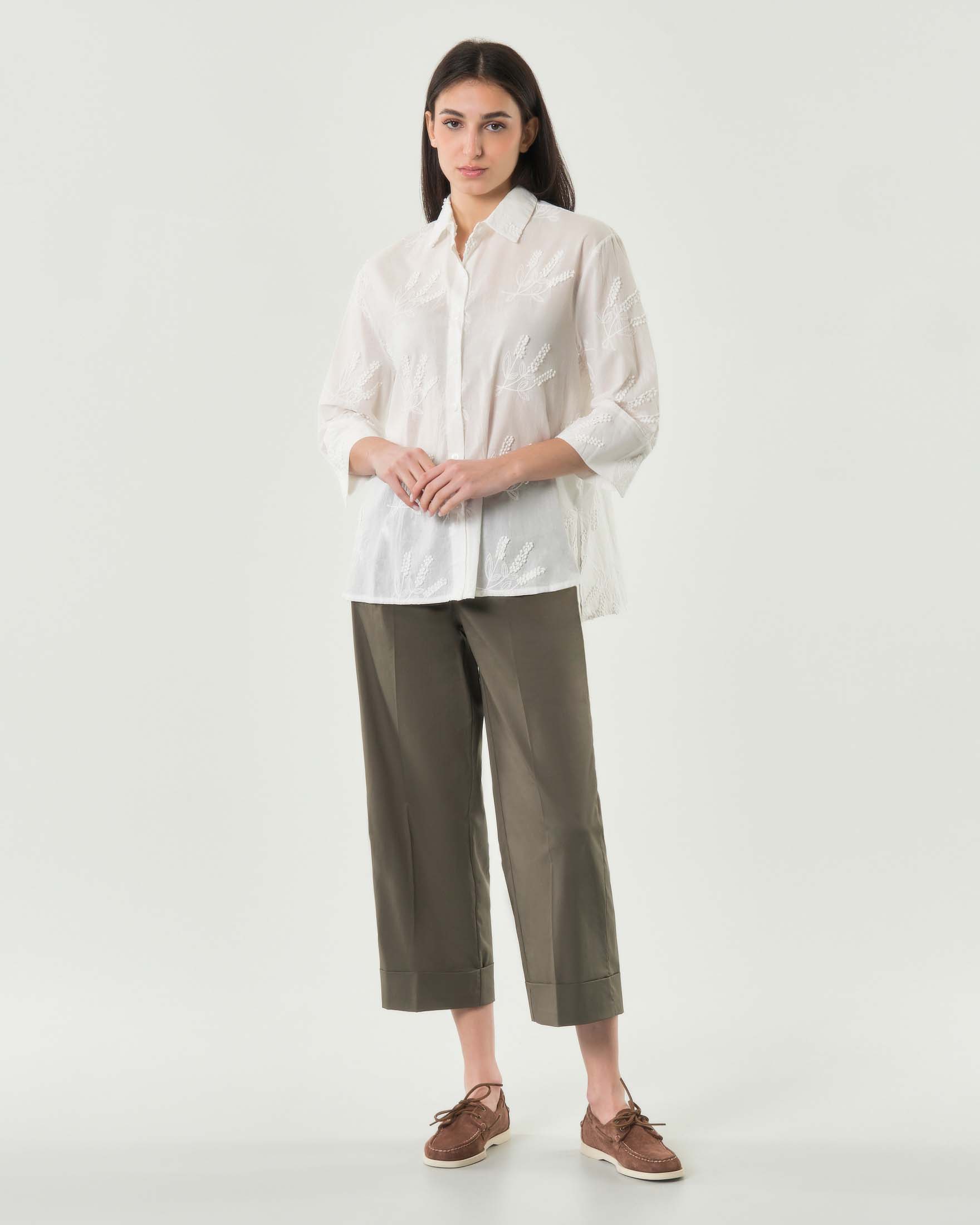 Pantaloni gamba dritta Dalì Bonheur verdi militare a vita alta con risvoltino