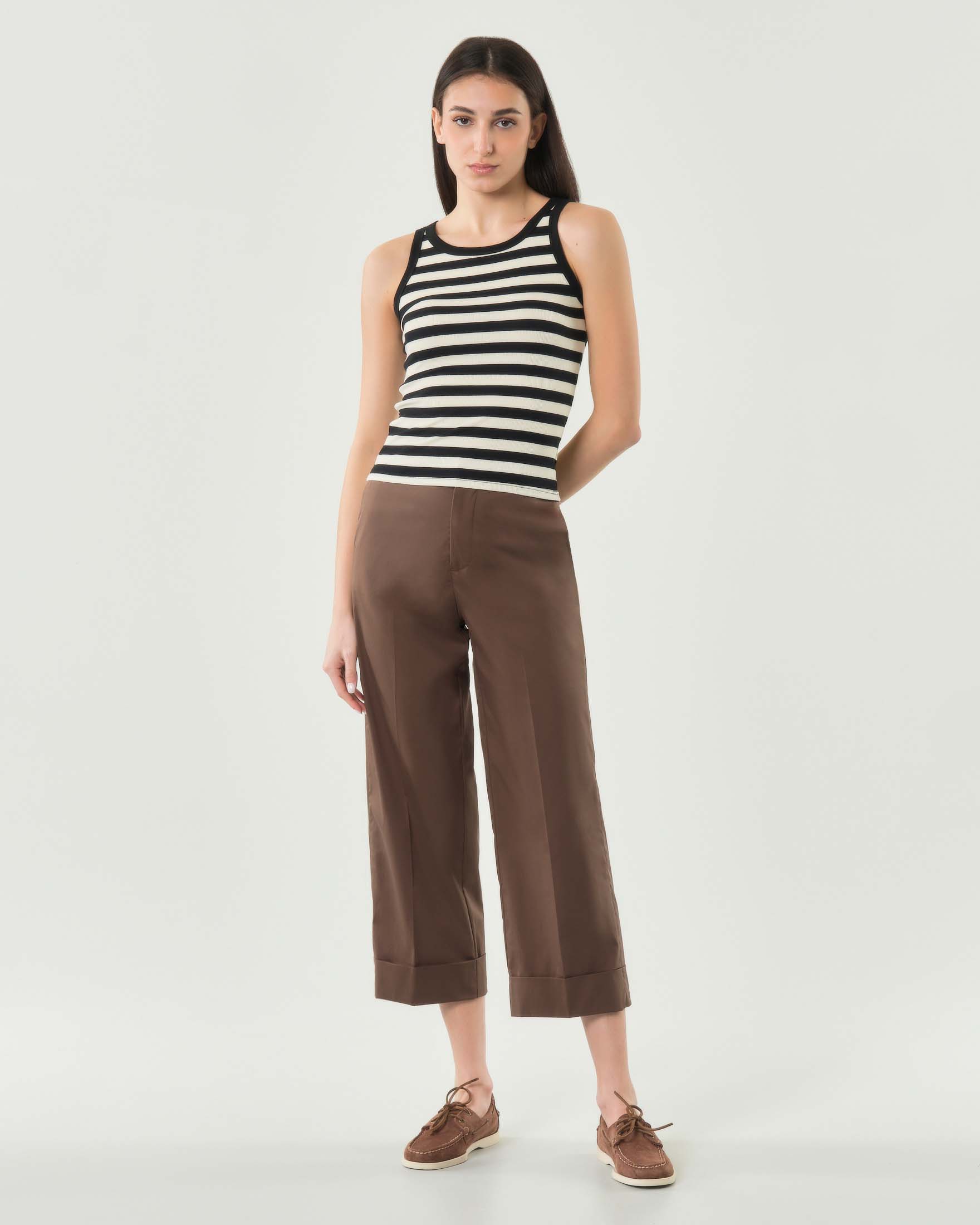 Pantaloni gamba dritta Dalì Bonheur marroni a vita alta con risvoltino