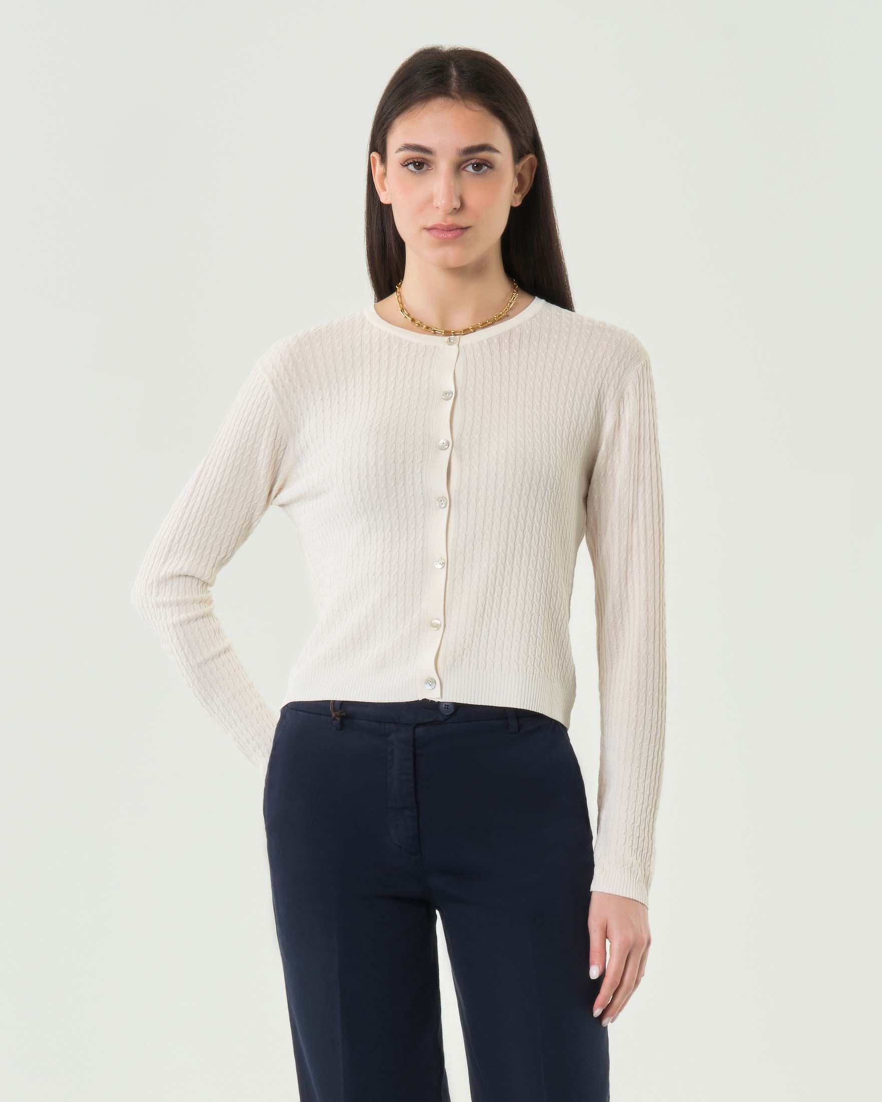 Cardigan panna Hlo! girocollo a trecce con bordi a costine