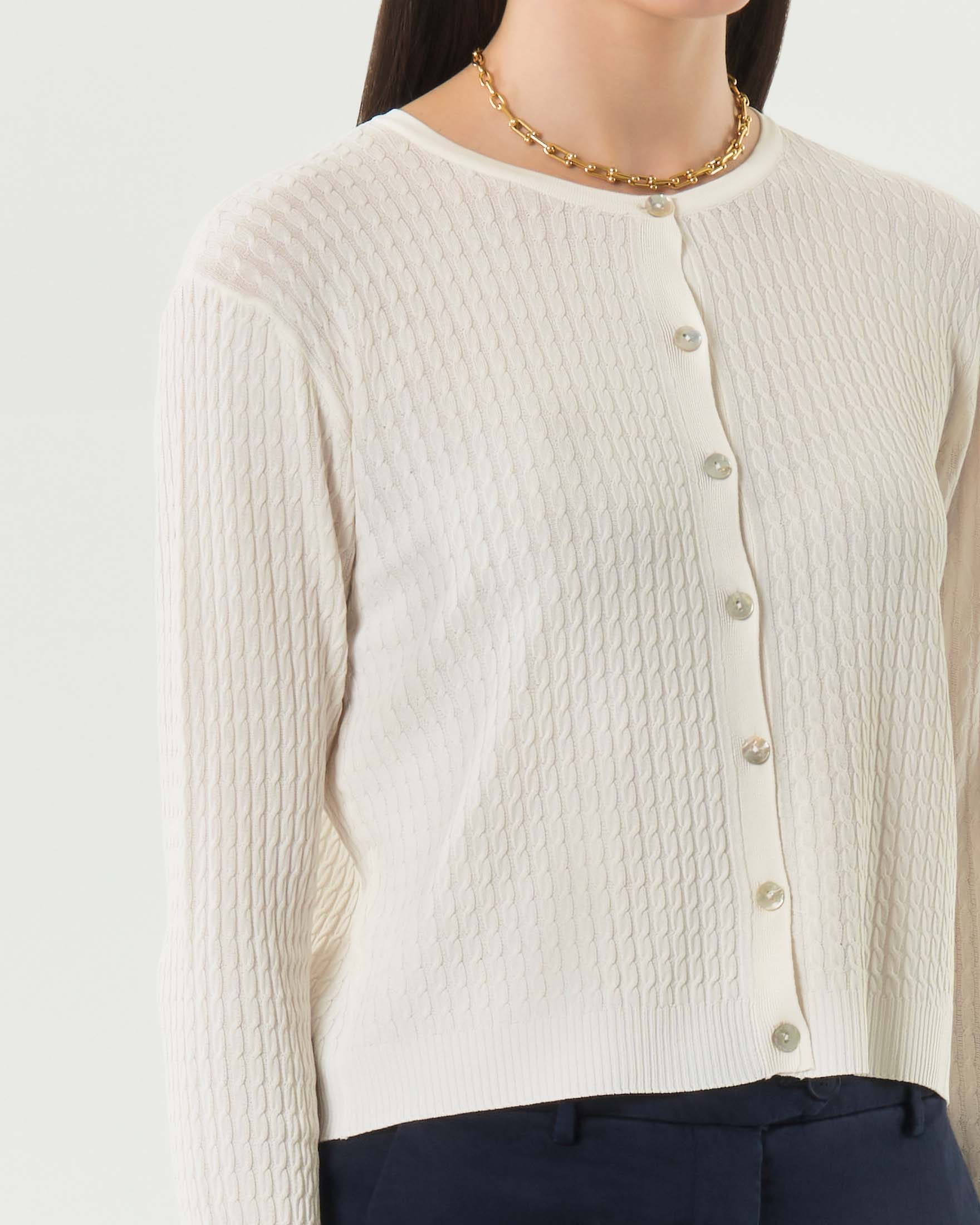 Cardigan panna Hlo! girocollo a trecce con bordi a costine