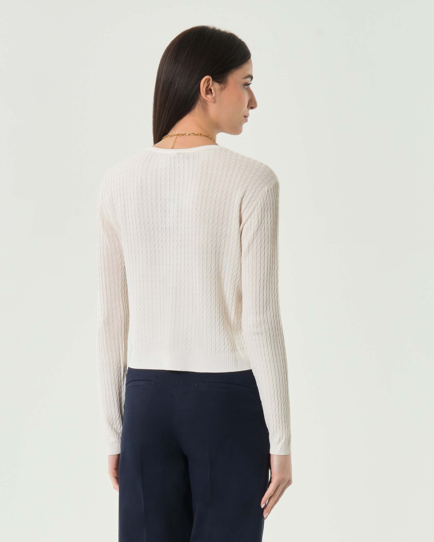 Cardigan panna Hlo! girocollo a trecce con bordi a costine