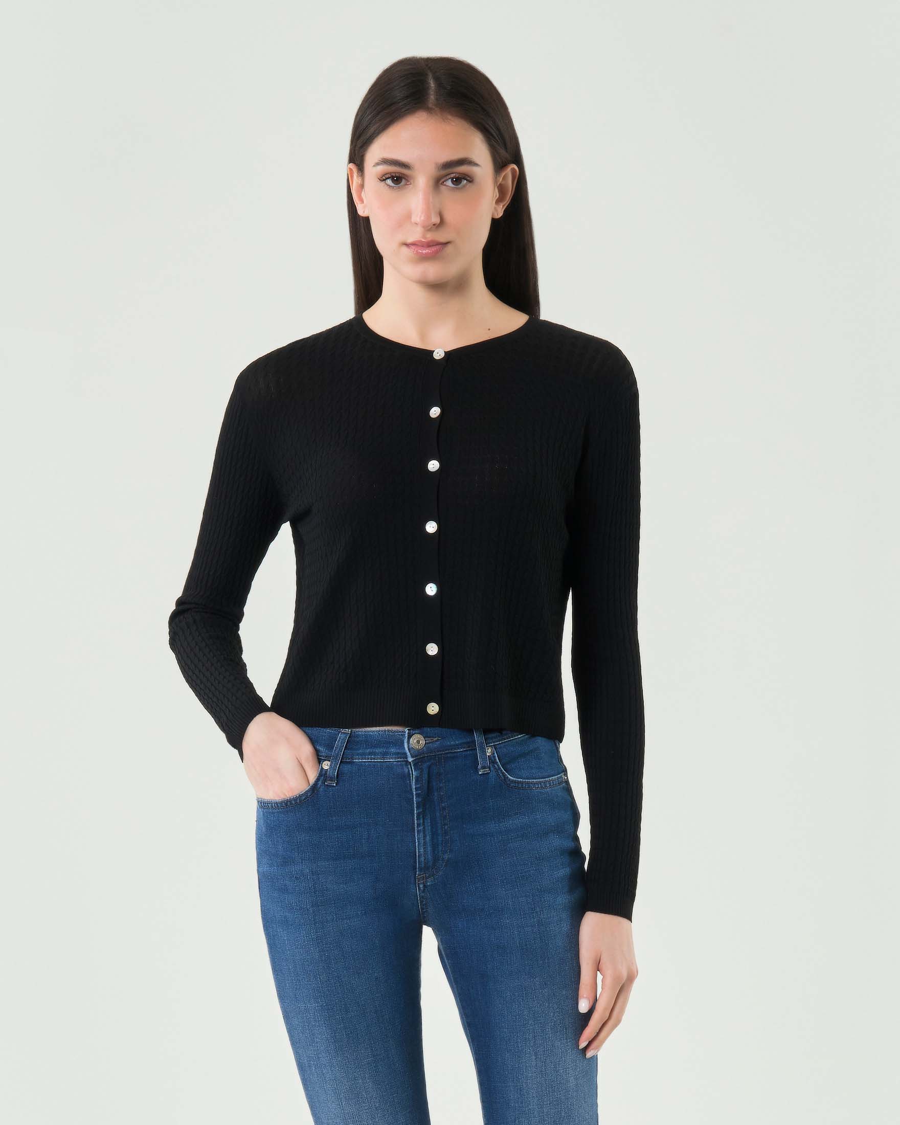 Cardigan nero Hlo! girocollo a trecce con bordi a costine