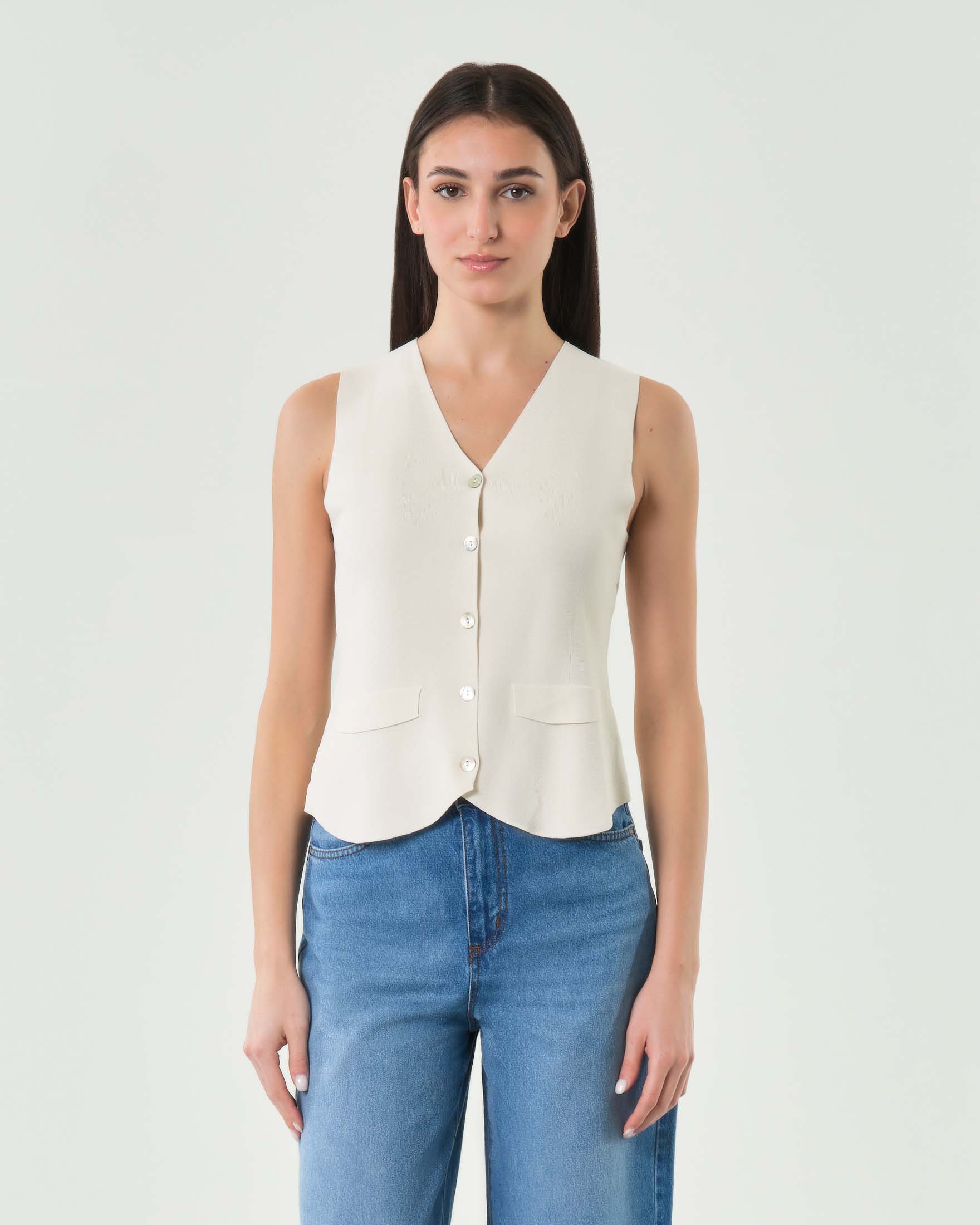 Gilet color panna con scollo a V in misto viscosa