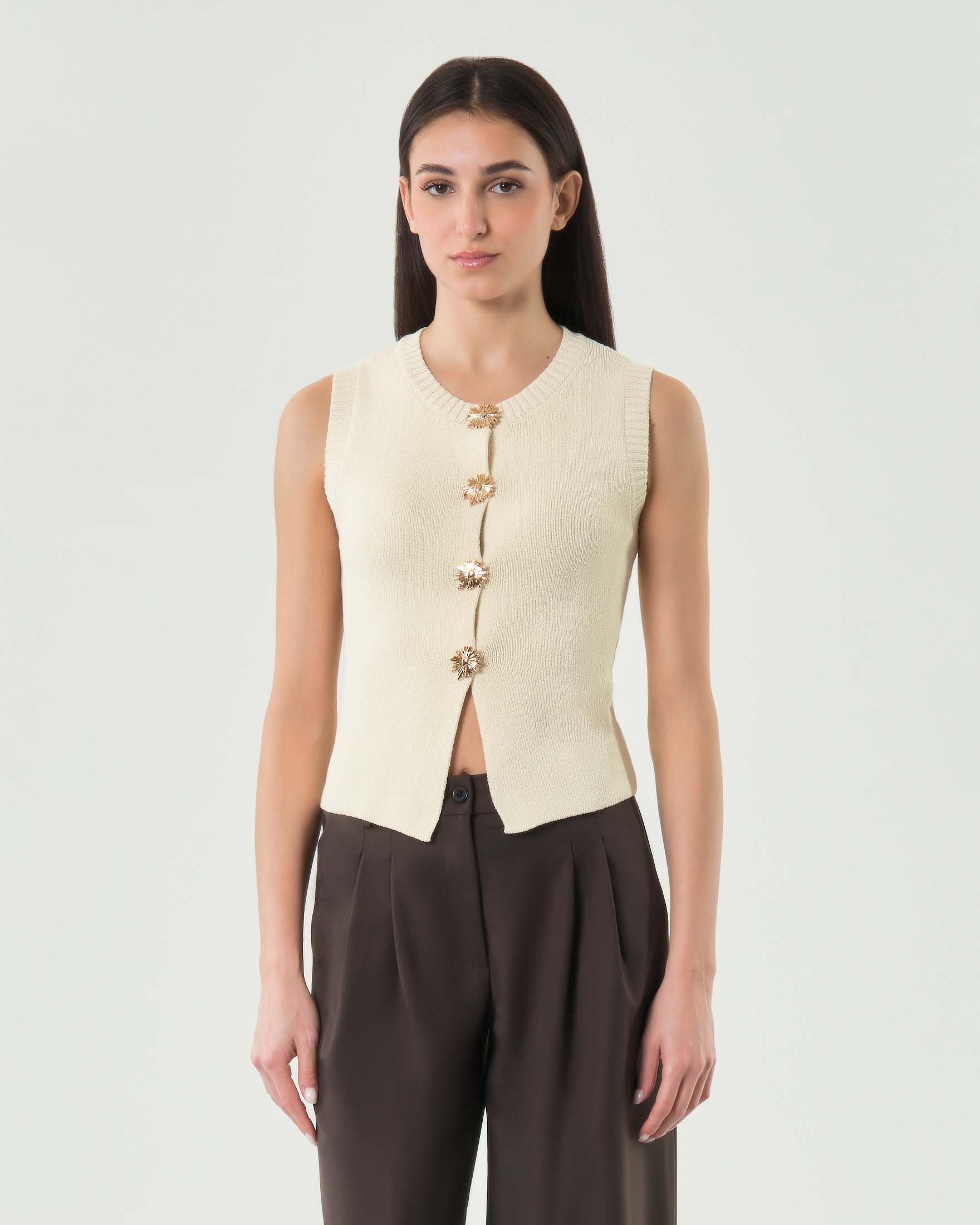 Hlo! — Gilet color panna Hlo! in misto cotone con scollo a giro e bottoni gioiello dorati