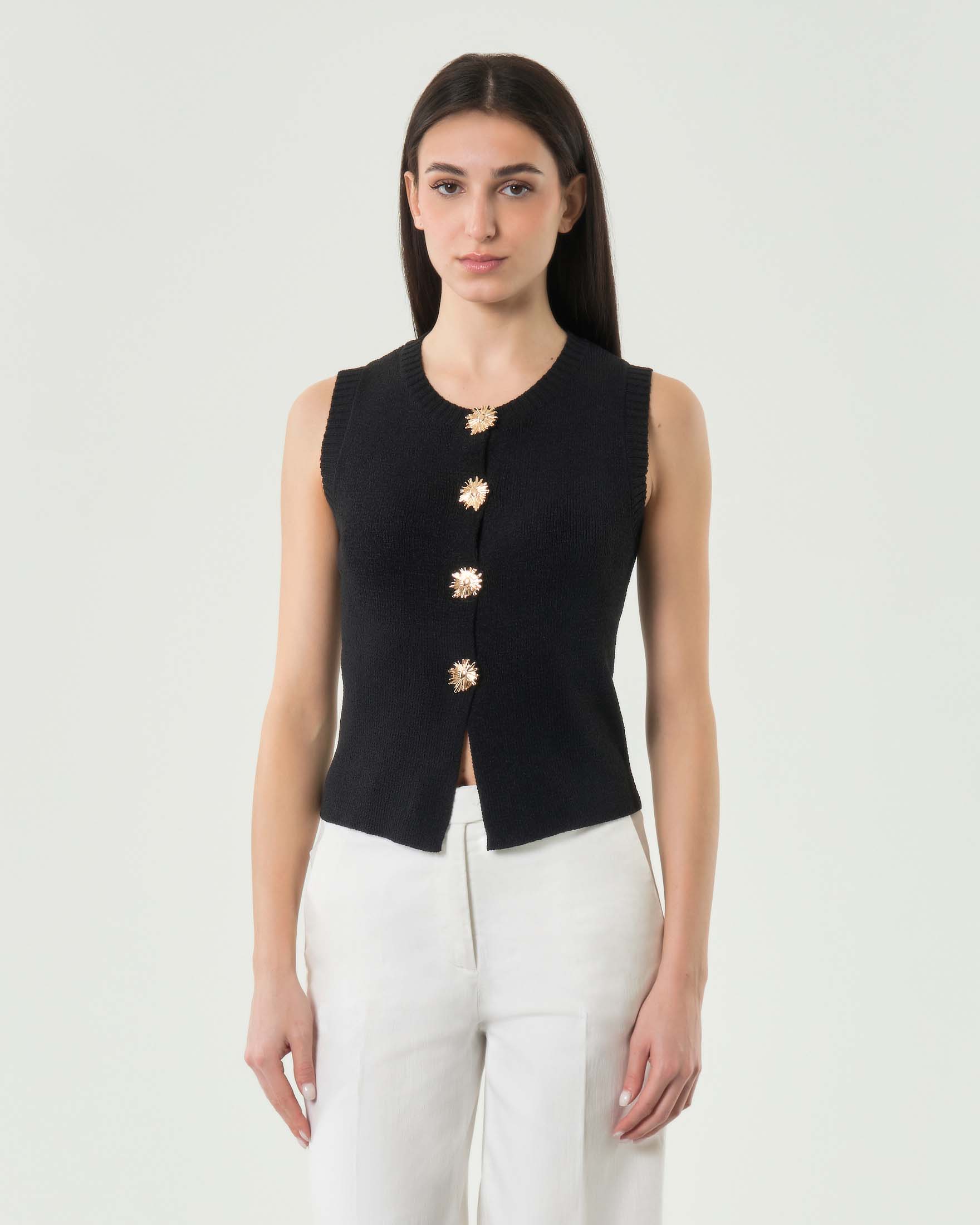 Gilet nero in misto cotone con scollo a giro e bottoni gioiello dorati