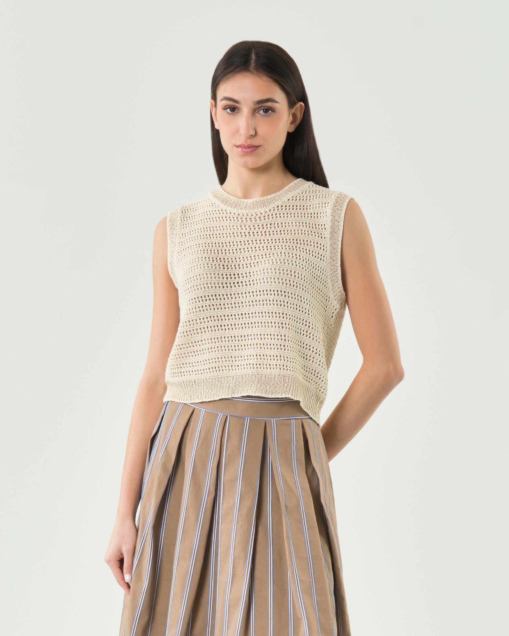 Gilet traforato Hlo! melange beige e écru in misto cotone con bordi a costine