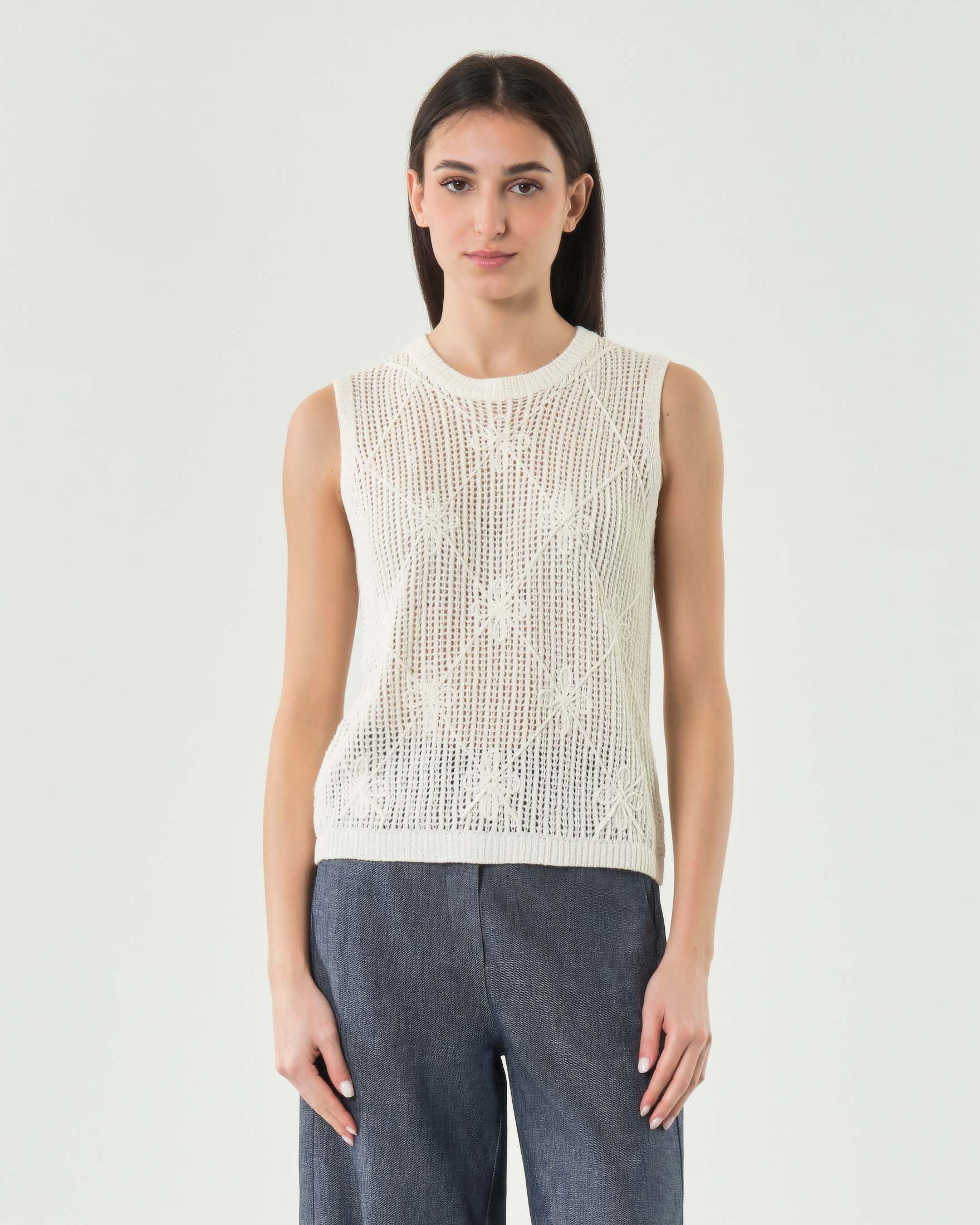 Gilet traforato girocollo bianco con ricamo losanghe e decori floreali