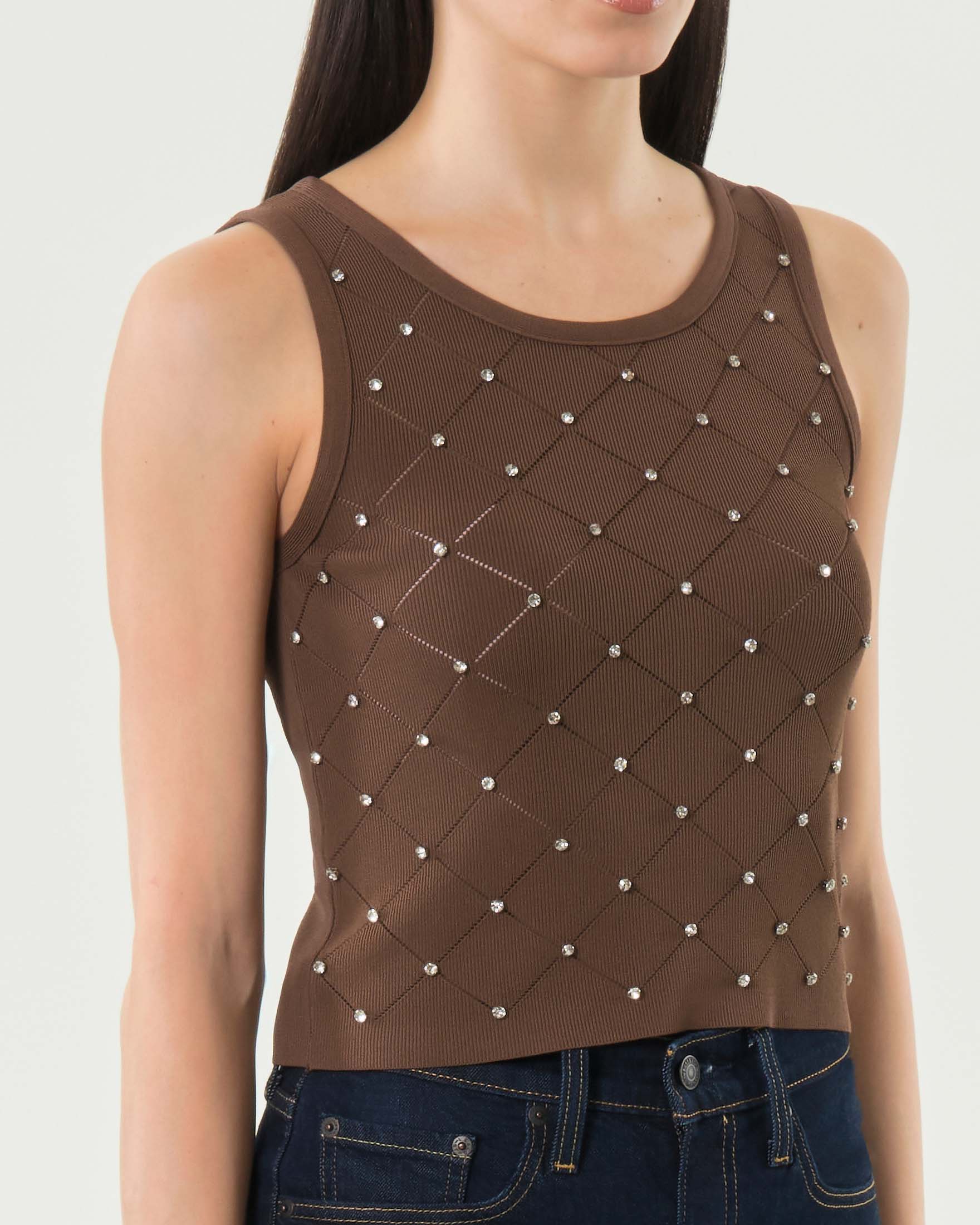 Canotta marrone Hlo! traforata a rombi con strass applicati image