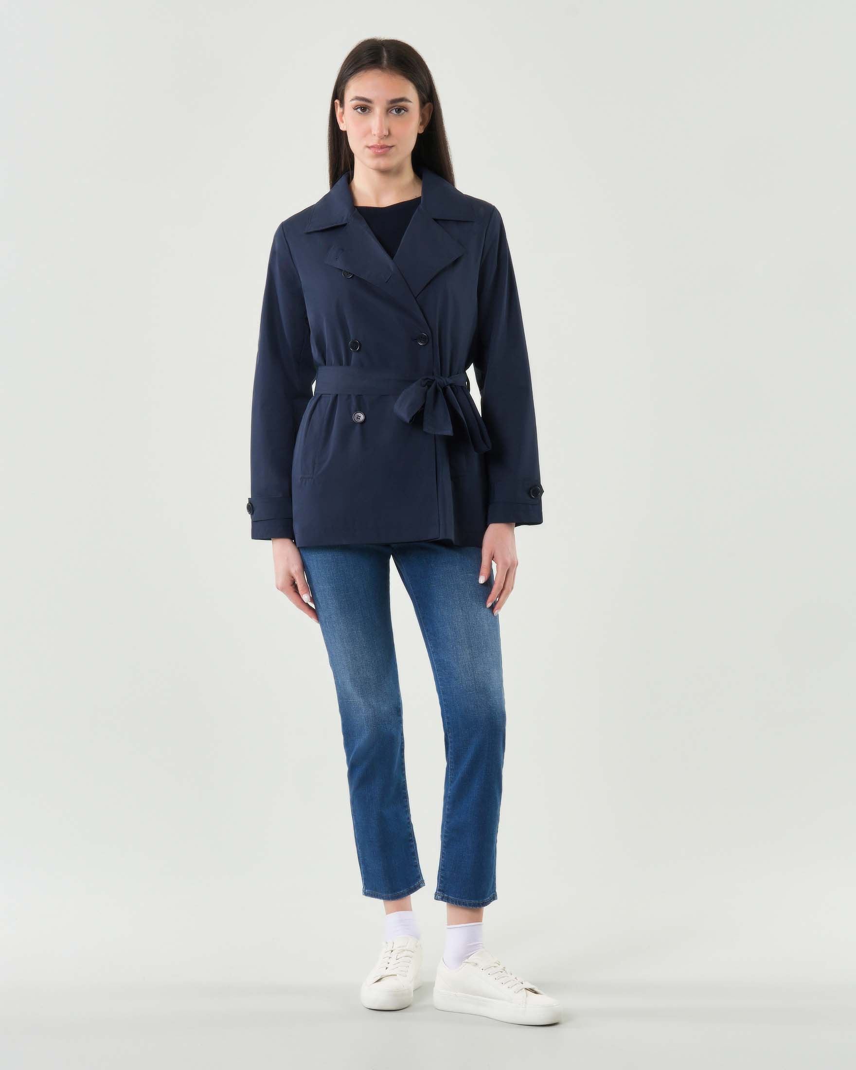 Trench corto blu Hlo! doppiopetto con cintura da annodare