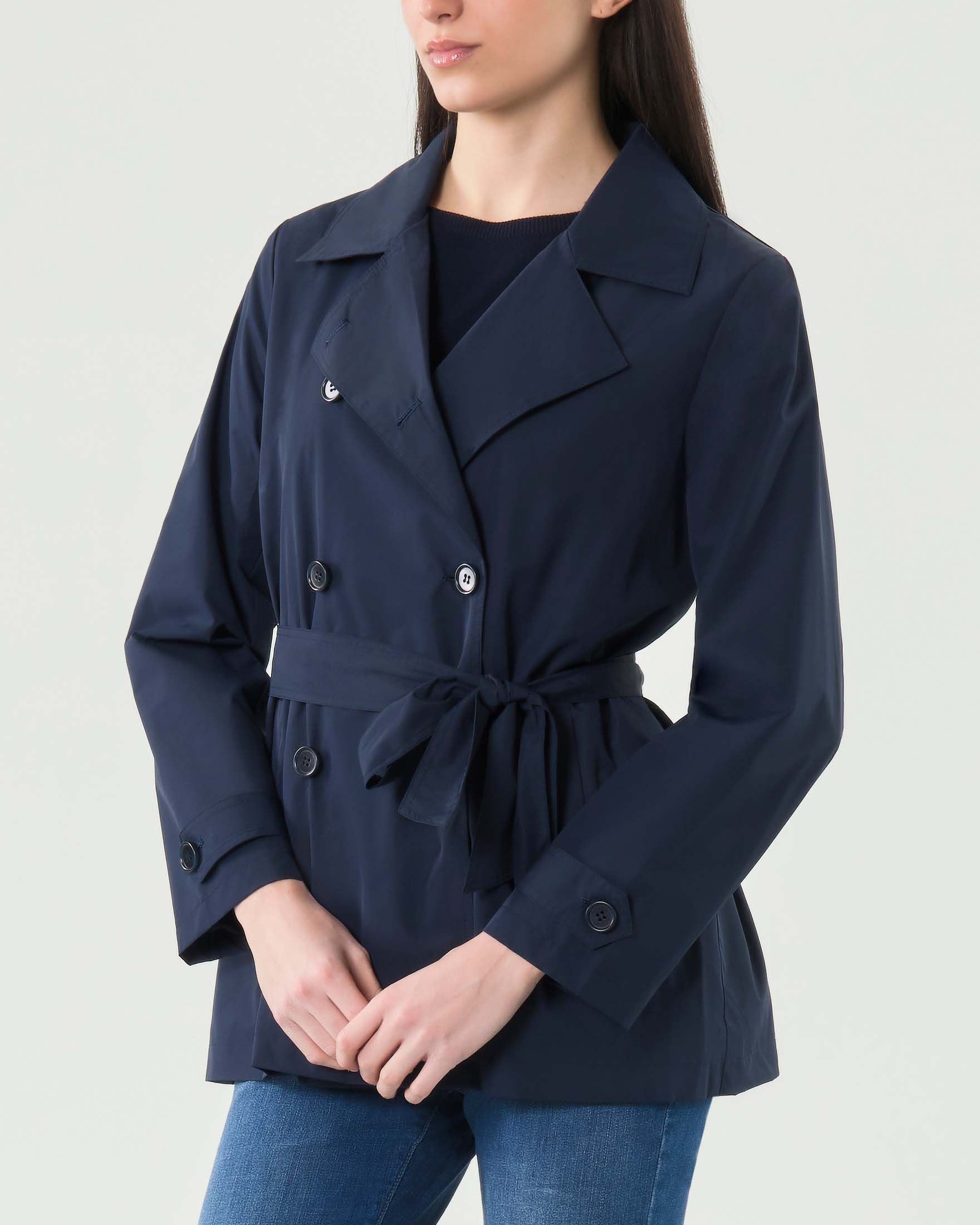 Trench corto blu Hlo! doppiopetto con cintura da annodare image