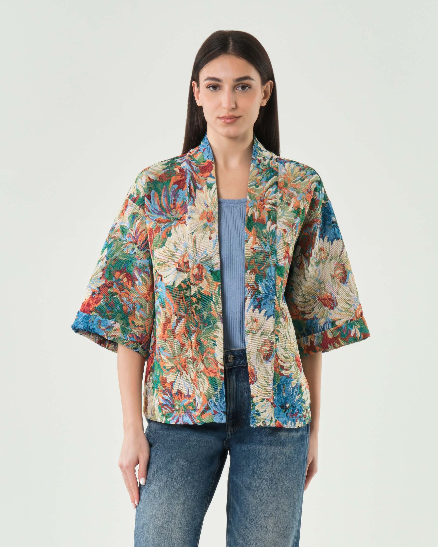 Giacca a kimono in jacquard a fantasia floreale