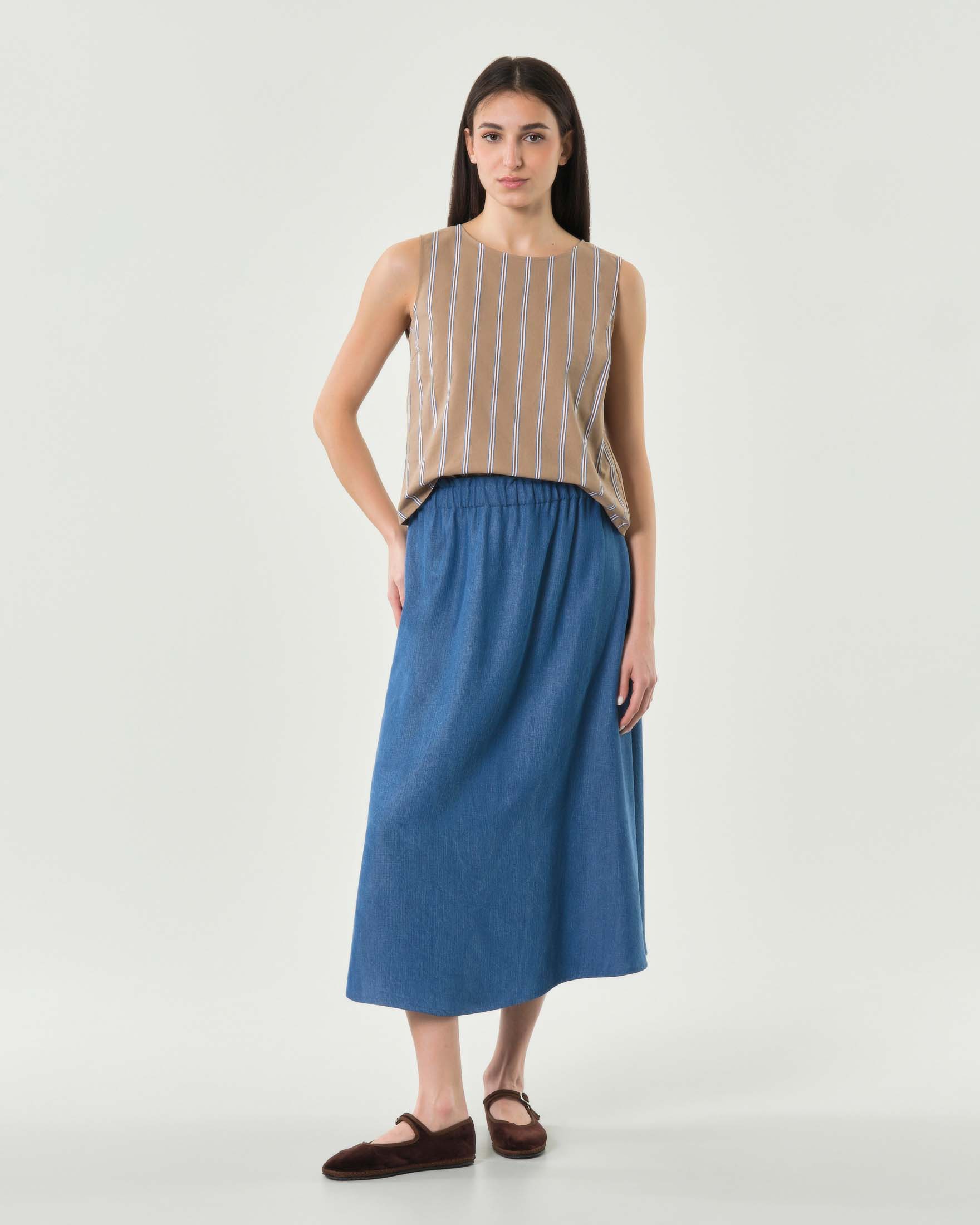 Gonna midi blu Hlo! in denim con elastico in vita