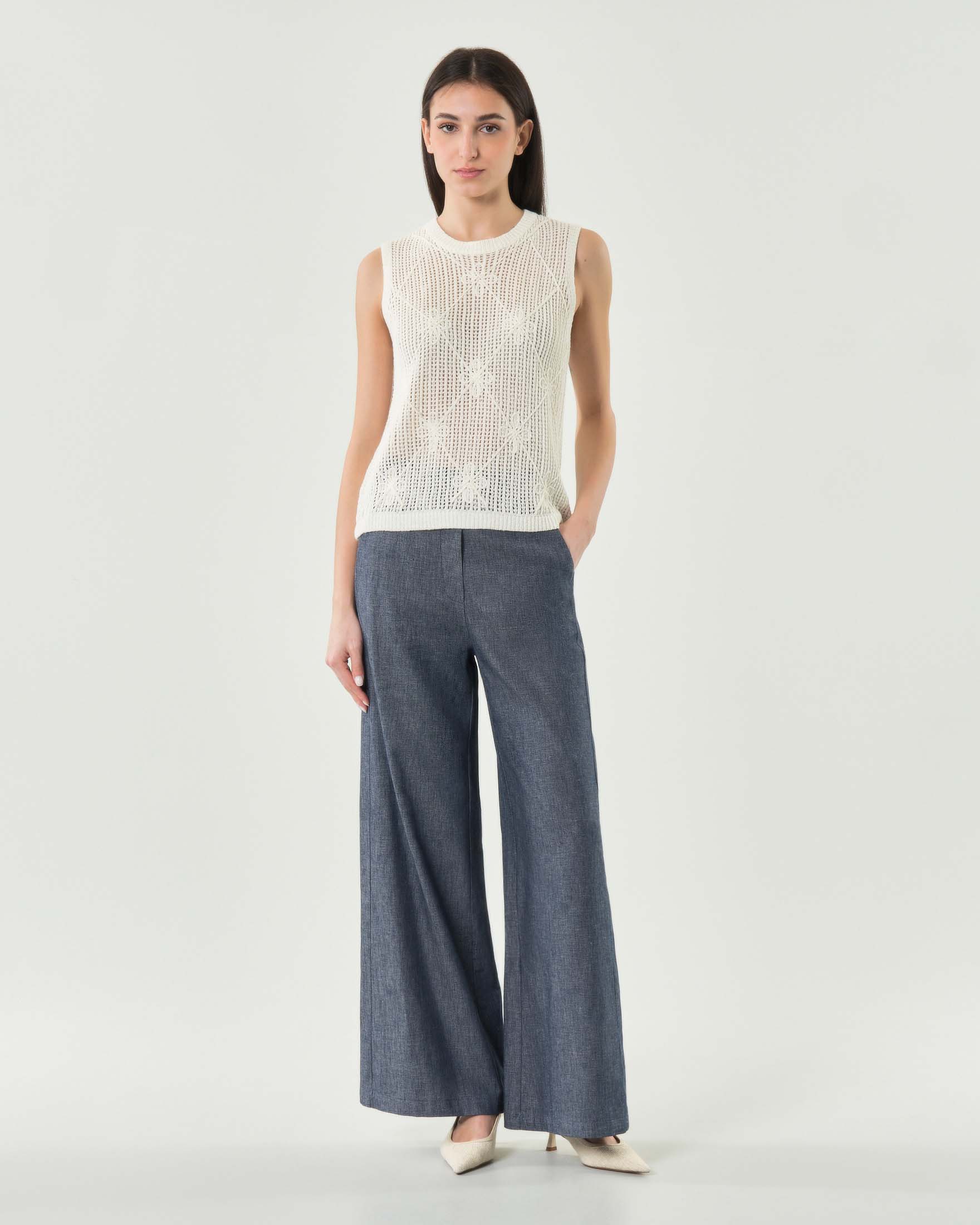 Pantalone palazzo Hlo! in denim misto cotone e lino con elastico in vita
