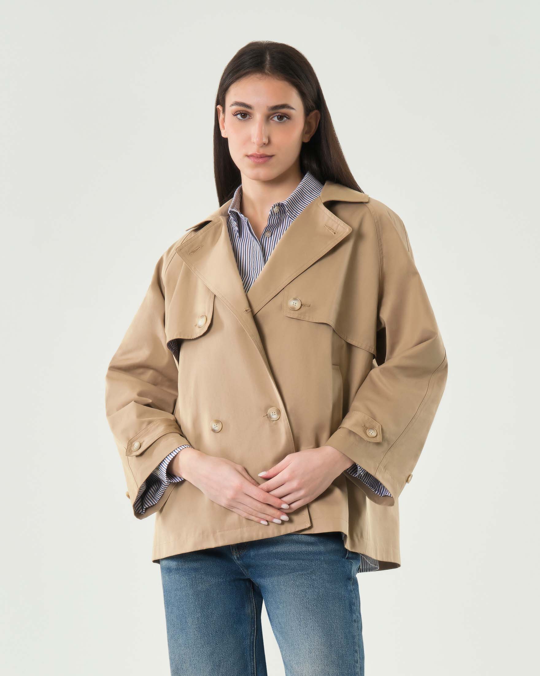 Trench corto beige Hlo! in misto cotone con patte antivento