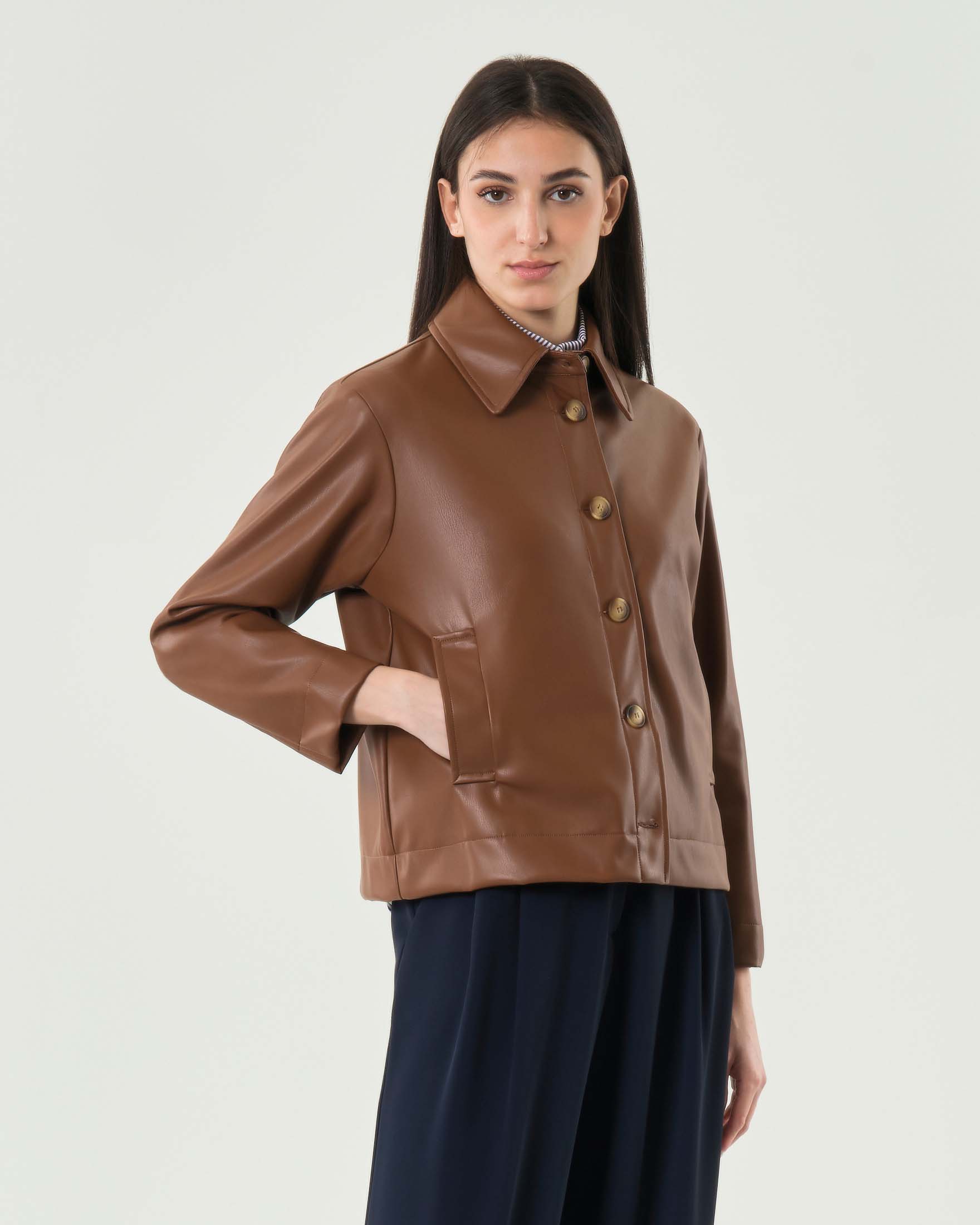 Giacca a camicia Hlo! marrone in similpelle liscia