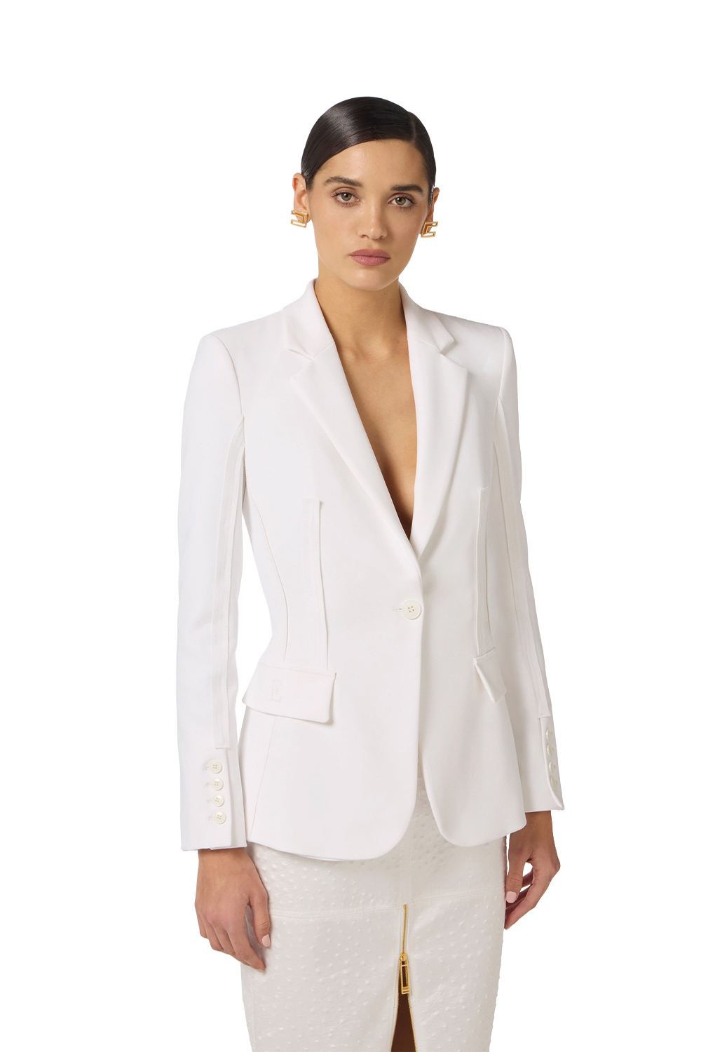 Giacca in Doppio Crêpe Stretch con Motivi a Taglio Vivo