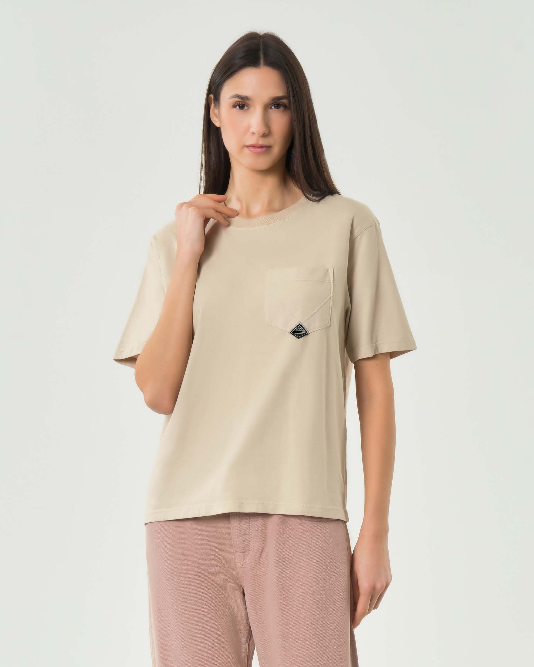 T-shirt girocollo beige Roy Roger's a maniche corte con taschino sul davanti e logo