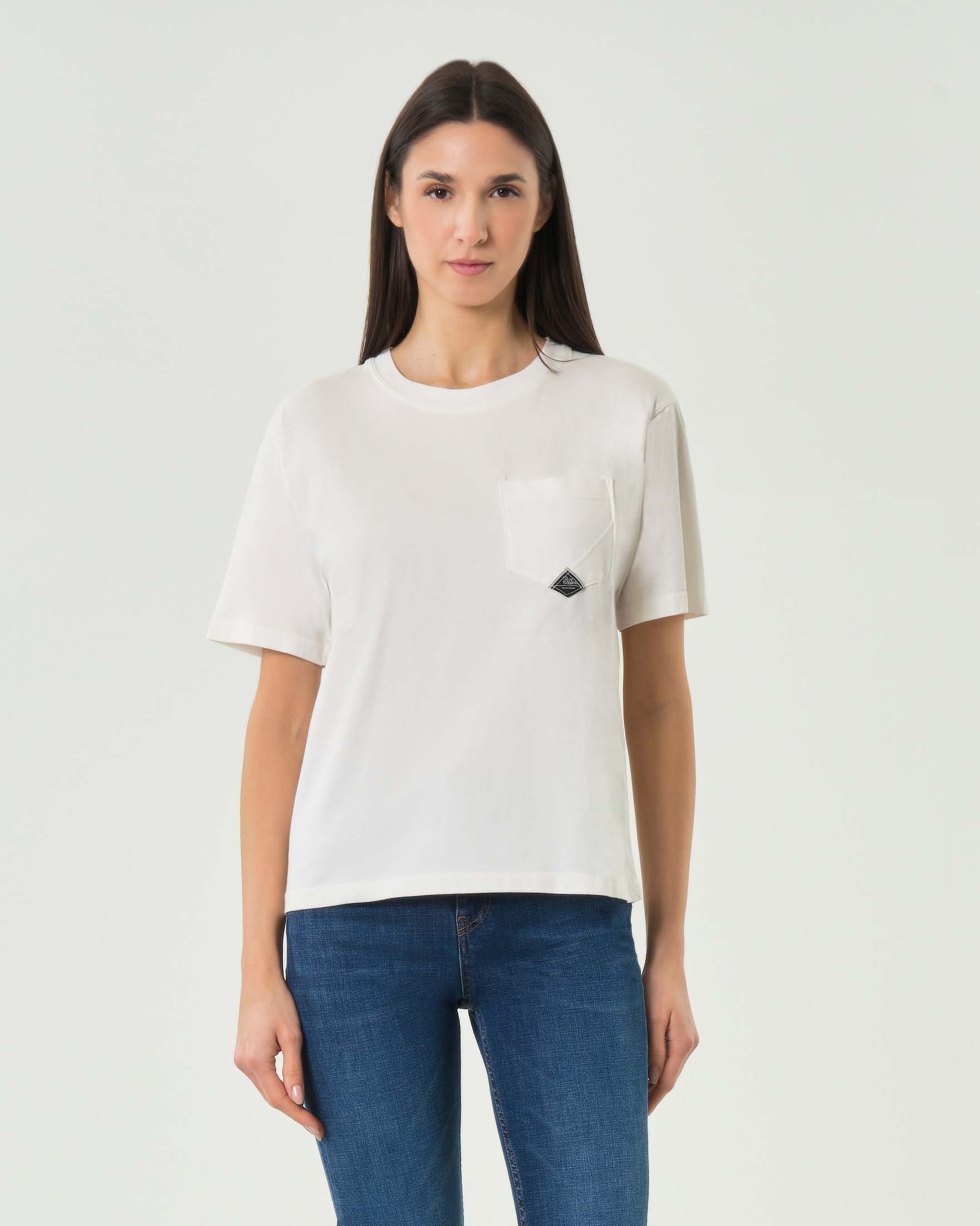 T-shirt girocollo bianca Roy Roger's a maniche corte con taschino sul davanti e logo