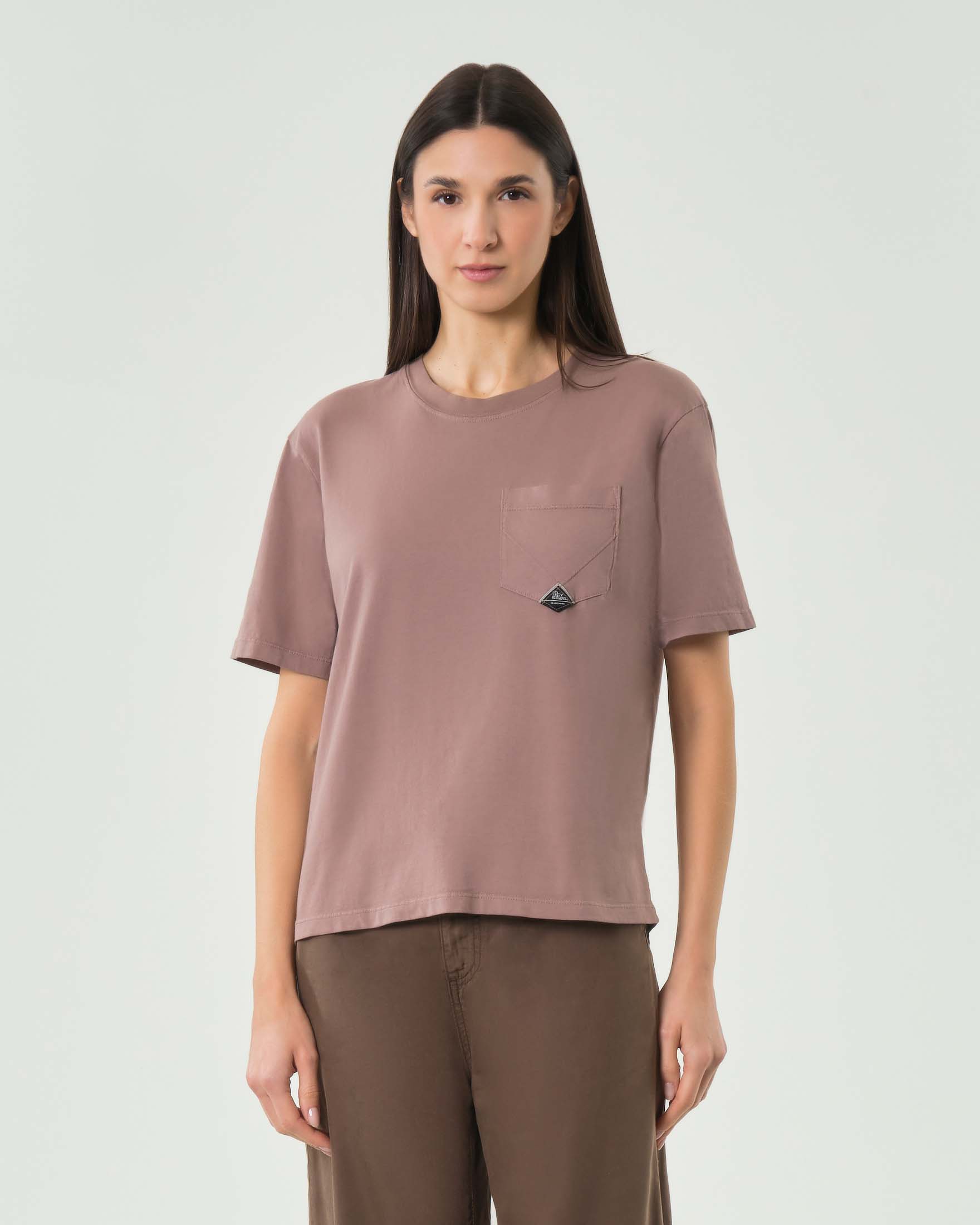 T-shirt girocollo rosa antico Roy Roger's a maniche corte con taschino sul davanti e logo
