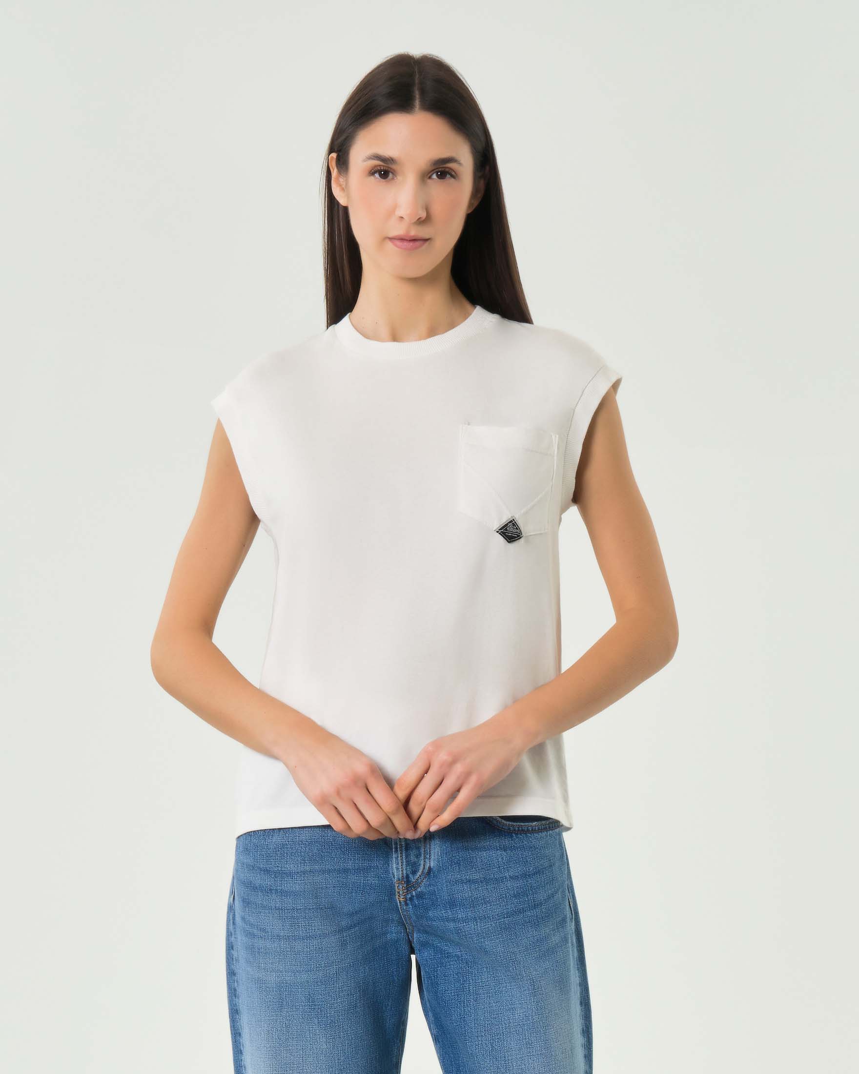 T-shirt smanicata girocollo bianca Roy Roger's con taschino sul davanti e logo