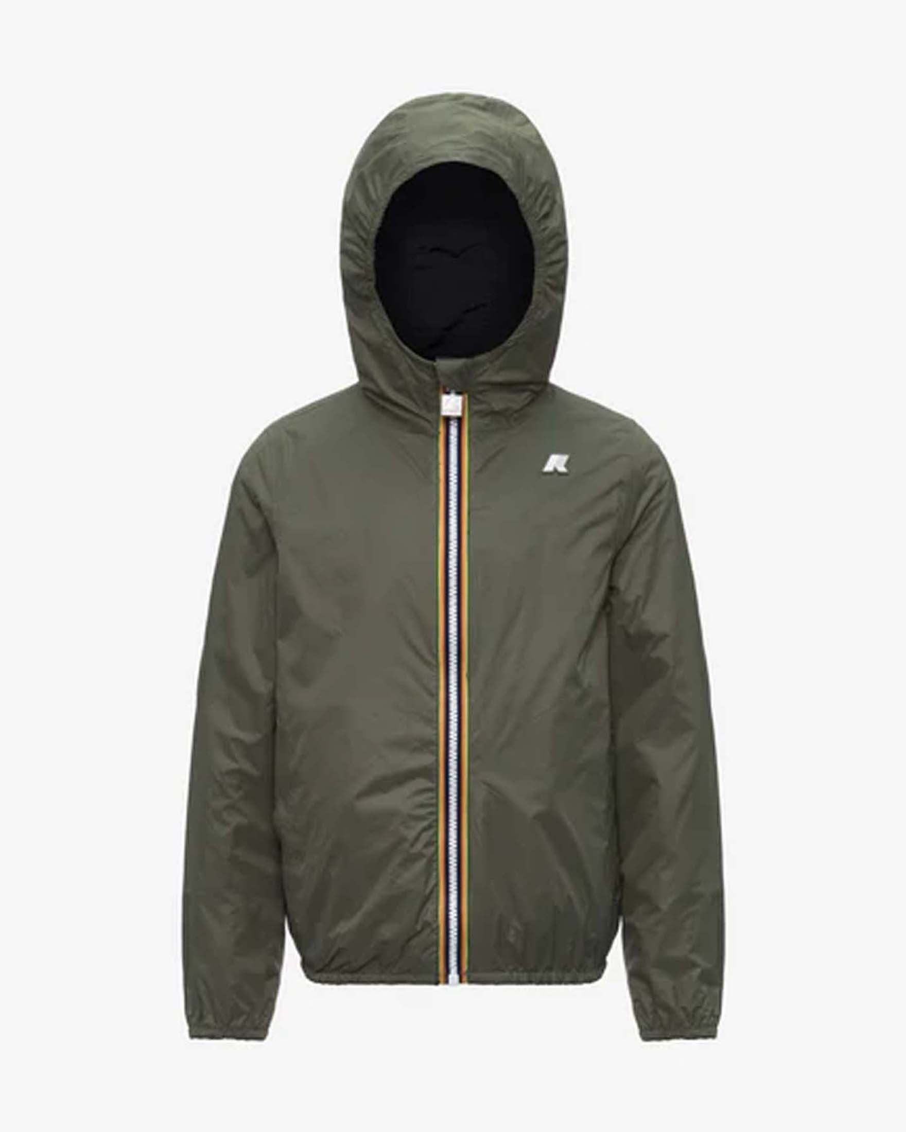 Giubbino K-way in nylon nero reversibile verde militare con cappuccio fisso image