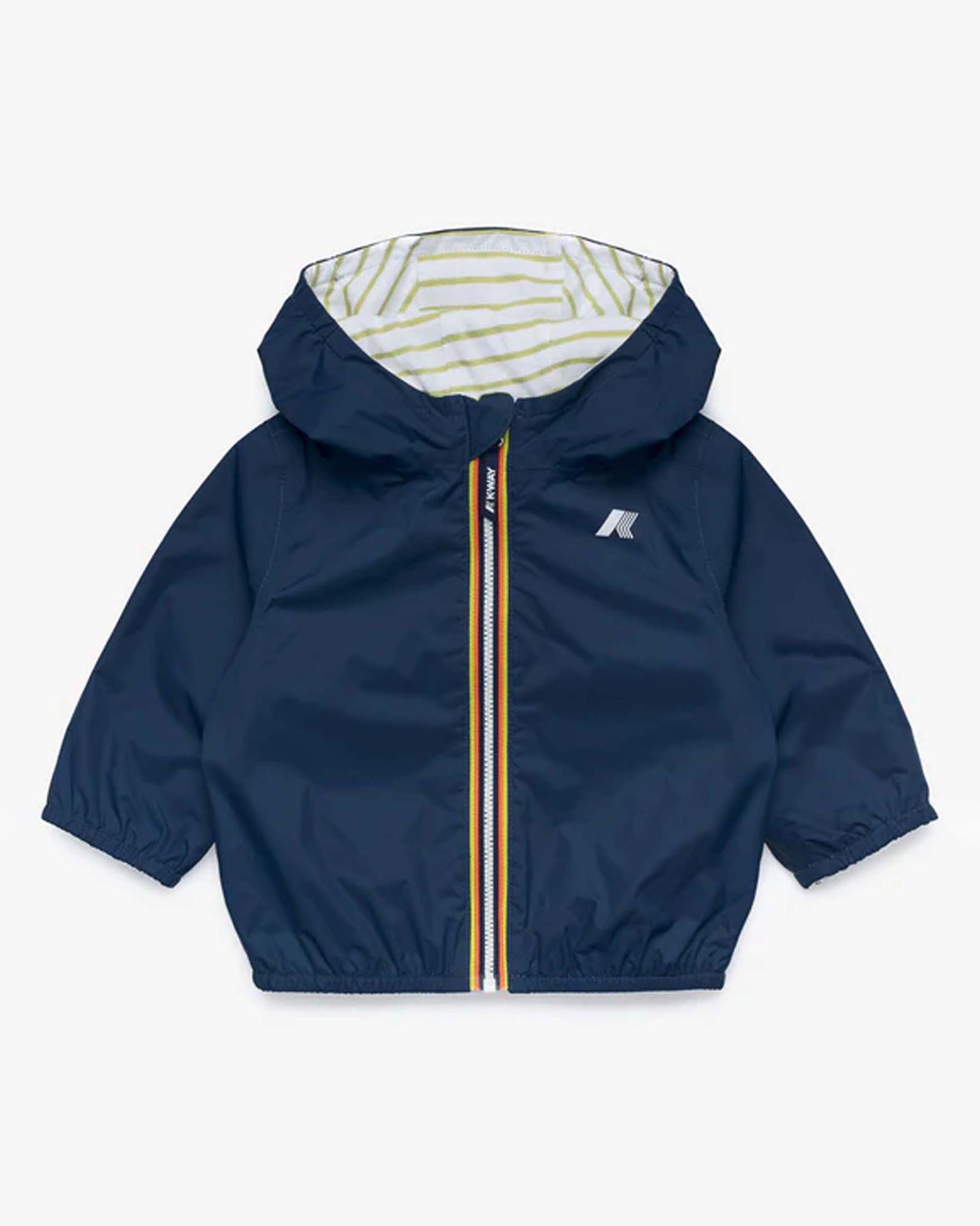 Giubbino K-way in nylon blu reversibilea righe bianche e verdi con cappuccio fisso