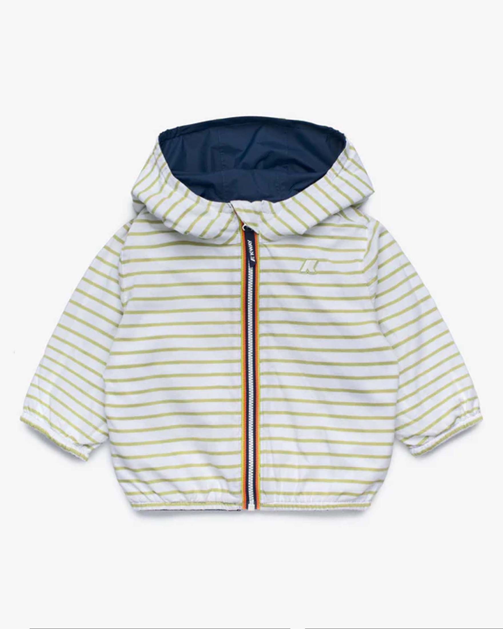 Giubbino K-way in nylon blu reversibilea righe bianche e verdi con cappuccio fisso image