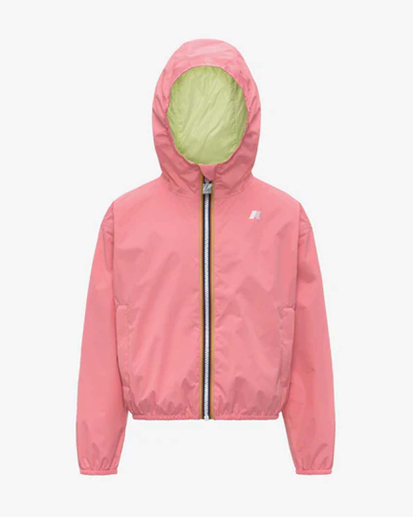 Giubbino K-way in nylon rosa reversibile in lime con cappuccio fisso
