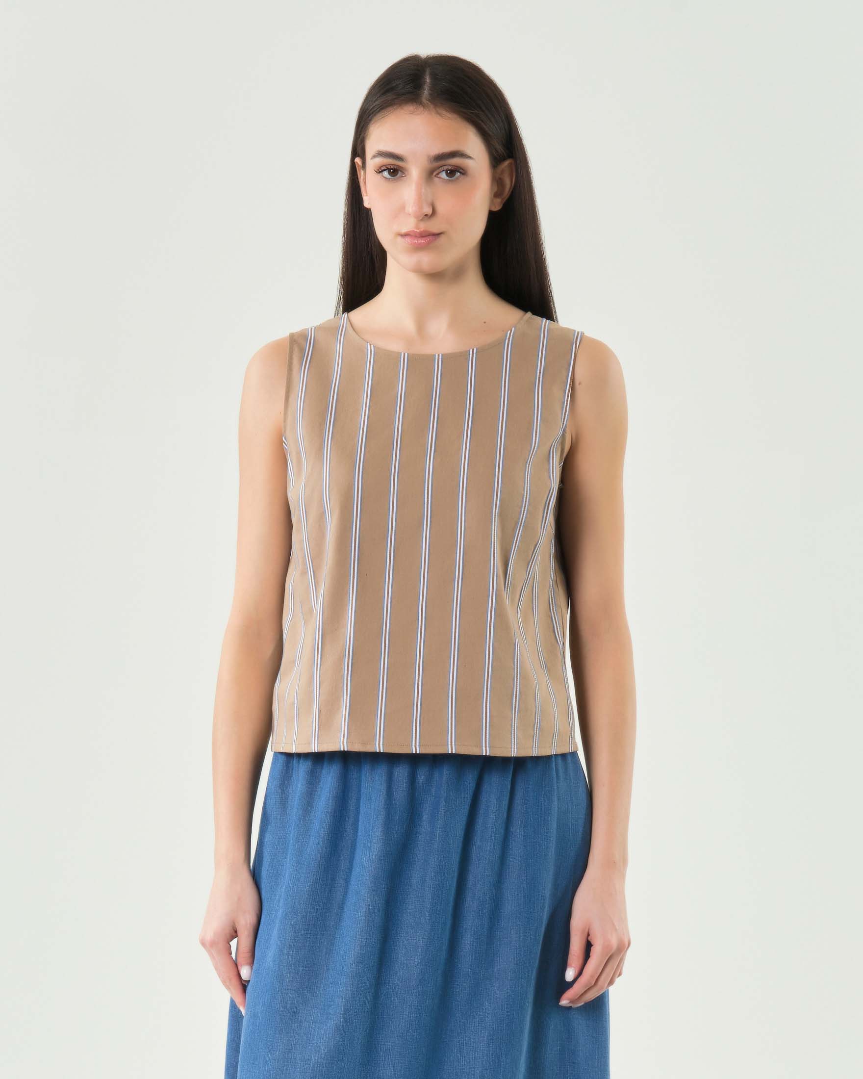 Top girocollo senza maniche in misto cotone a righe con chiusura sul retro