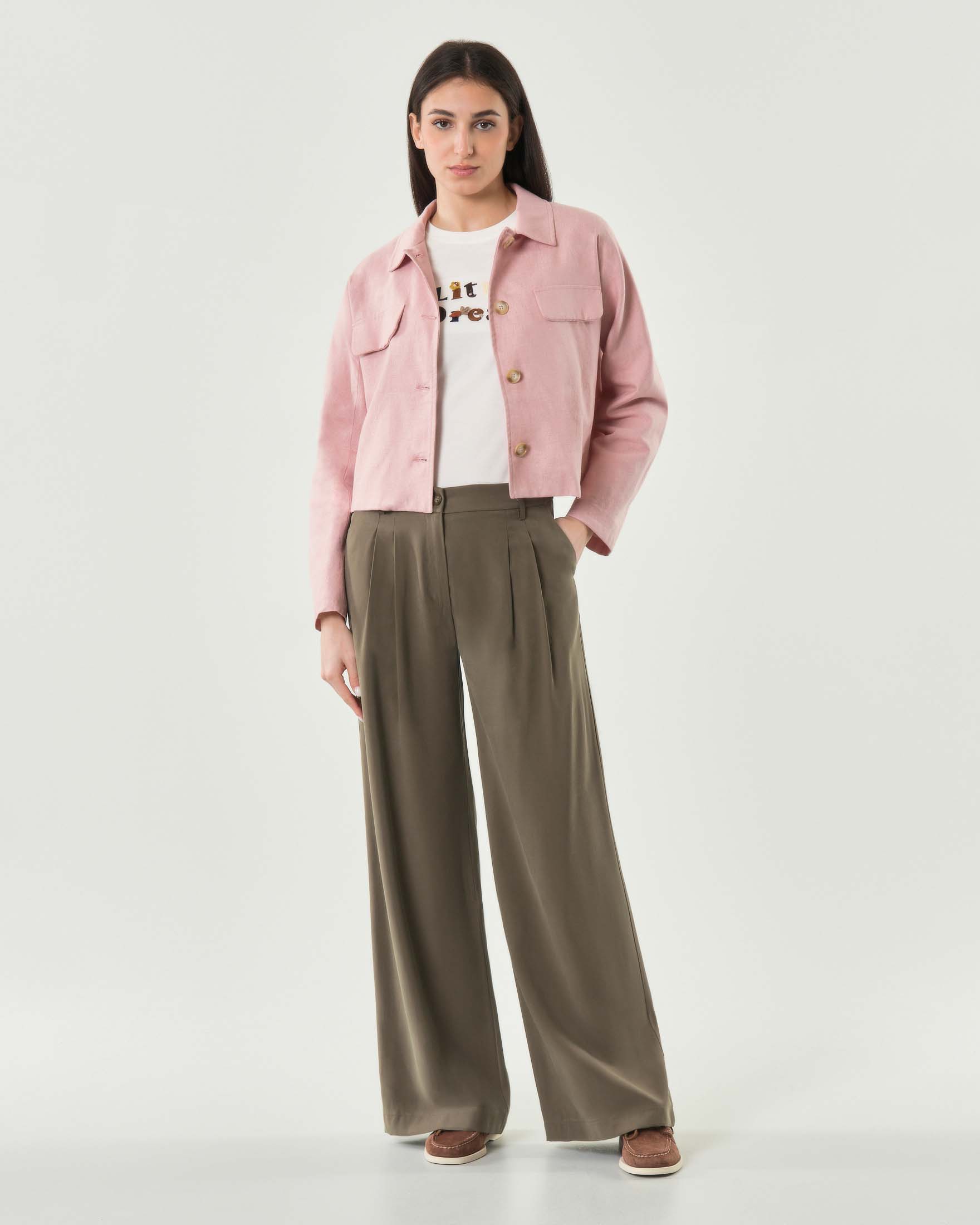 Pantalone verde militare wide in misto viscosa con pince e passanti